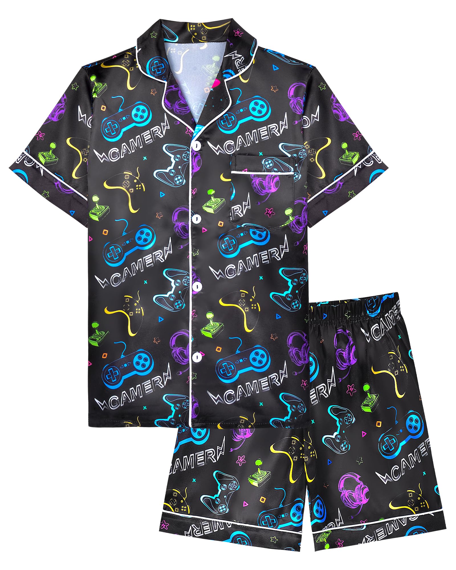 Fiodrimy Boys Pajamas Big Boys Satin PJS Set Summer Short Sleeve Button Down Kids Silky Pajama Lounge Sleepwear Size 8-14