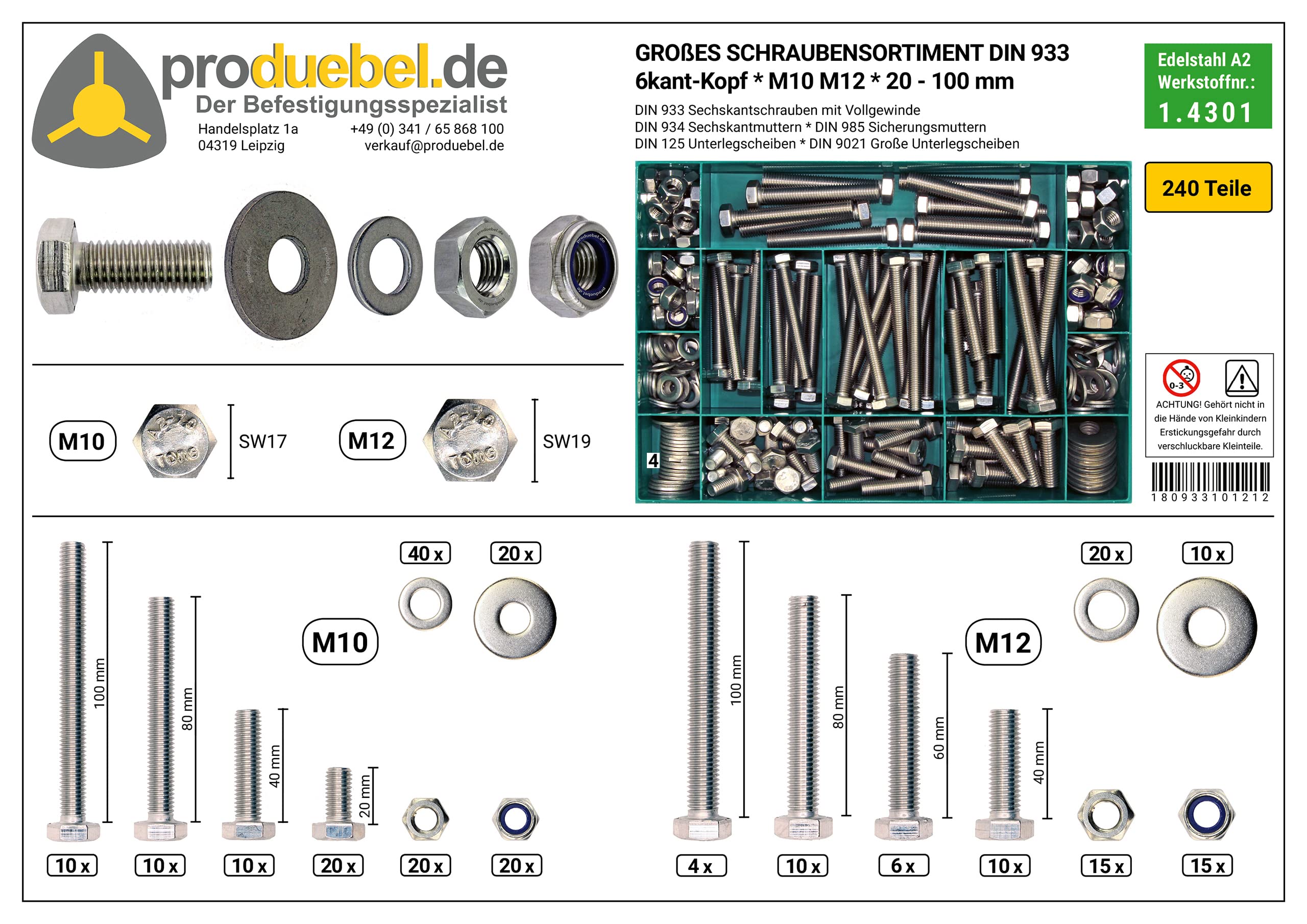 Sparset Großes 6-kant Schraubensortiment DIN 933 Edelstahl A2 V2A M4/M5/M6/M8/M10/M12 * 2001-tlg. (Standard-Box)
