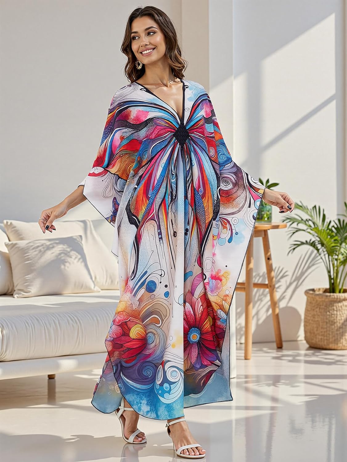 Women's Caftan Dresses Plus Size Floral Print Beach Swimsuit Cover Up Lightweight Moo Moo Loungewear - Image 5