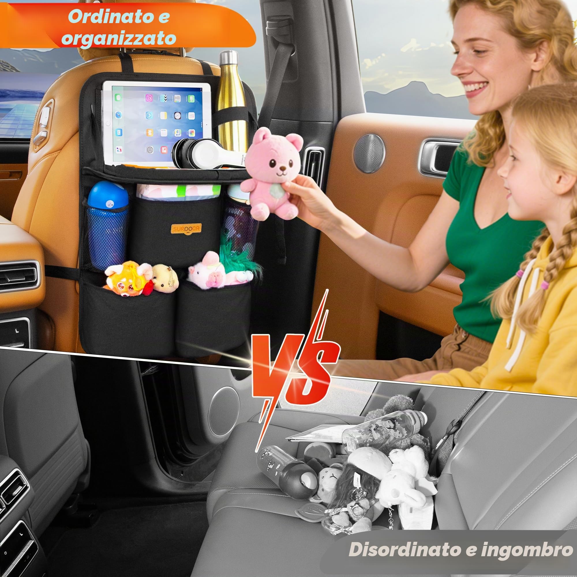 SURDOCA Organizer per auto per bambini con tavolo pieghevole, organizer per sedili posteriori con scomparto per tablet touchscreen, protezione per lo schienale impermeabile, si adatta alla maggior