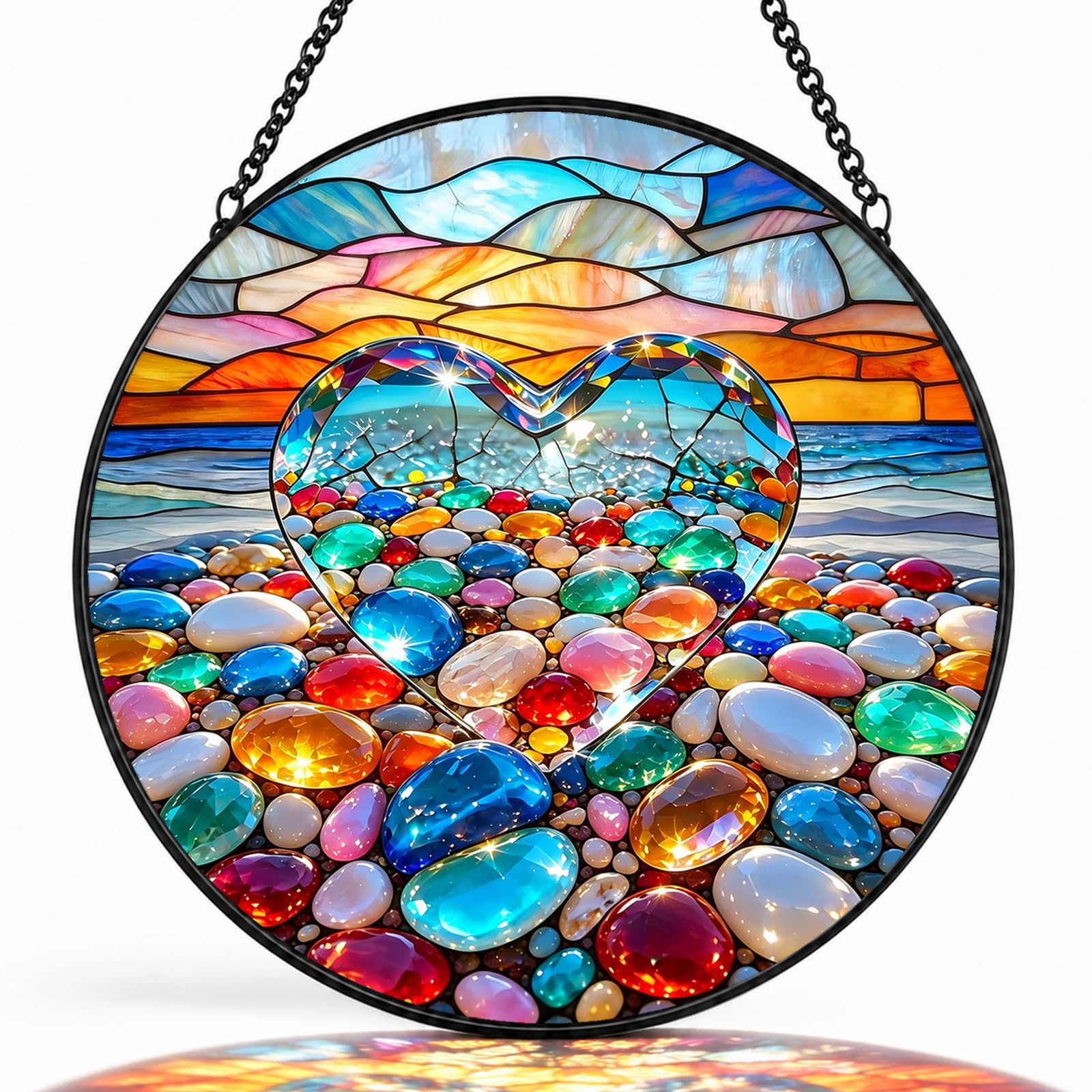 Beach Heart Window Hanging Suncatcher, 7.8" Stained Glass Sun Catcher, Home Wall Garden Decor, Mother's Day Birthday