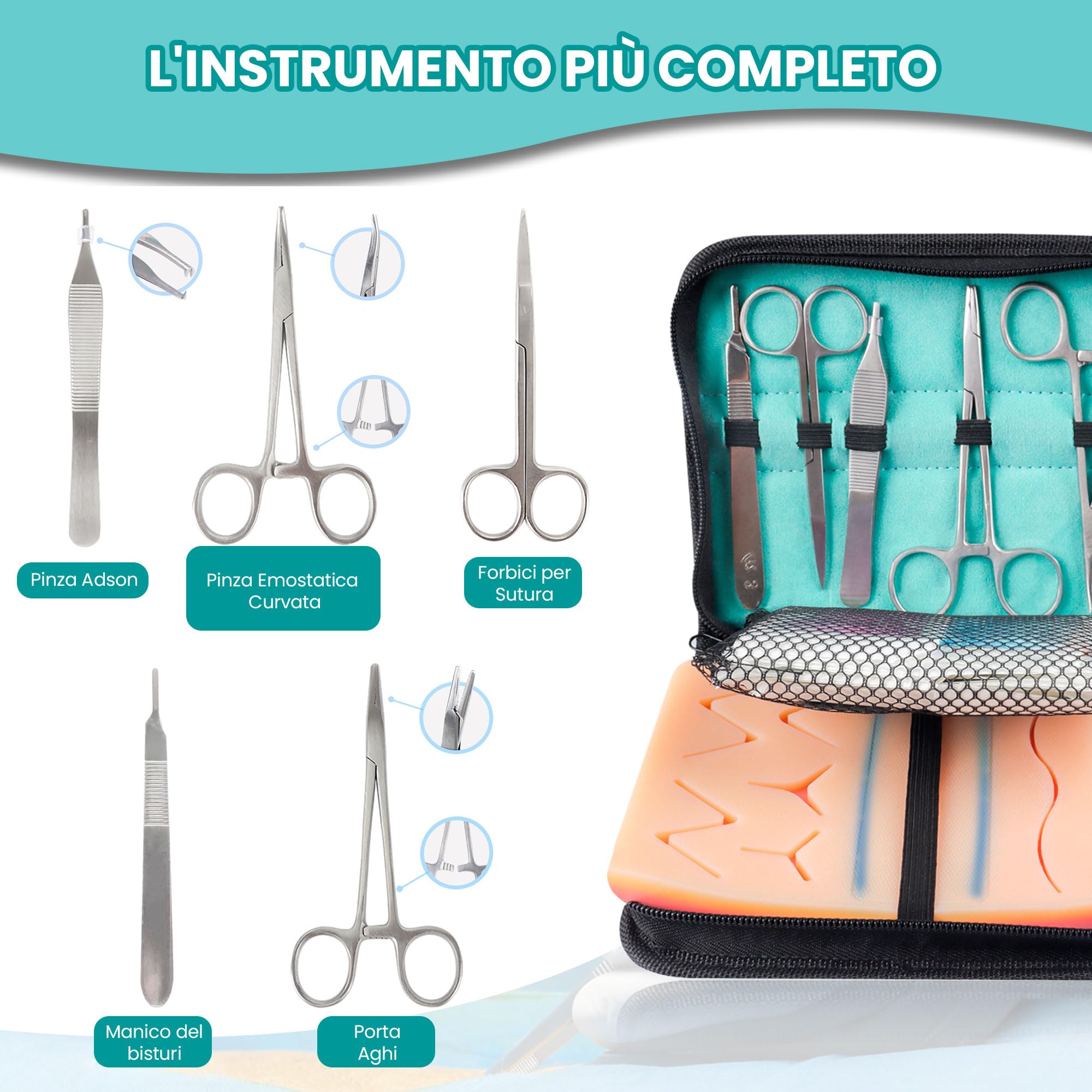 Kit sutura chirurgica con cuscinetto con vene, Kit suture per studenti, kit sutura per praticare sutura, kit di sutura chirurgica, kit suture chirurgiche, kit per suture chirurgiche