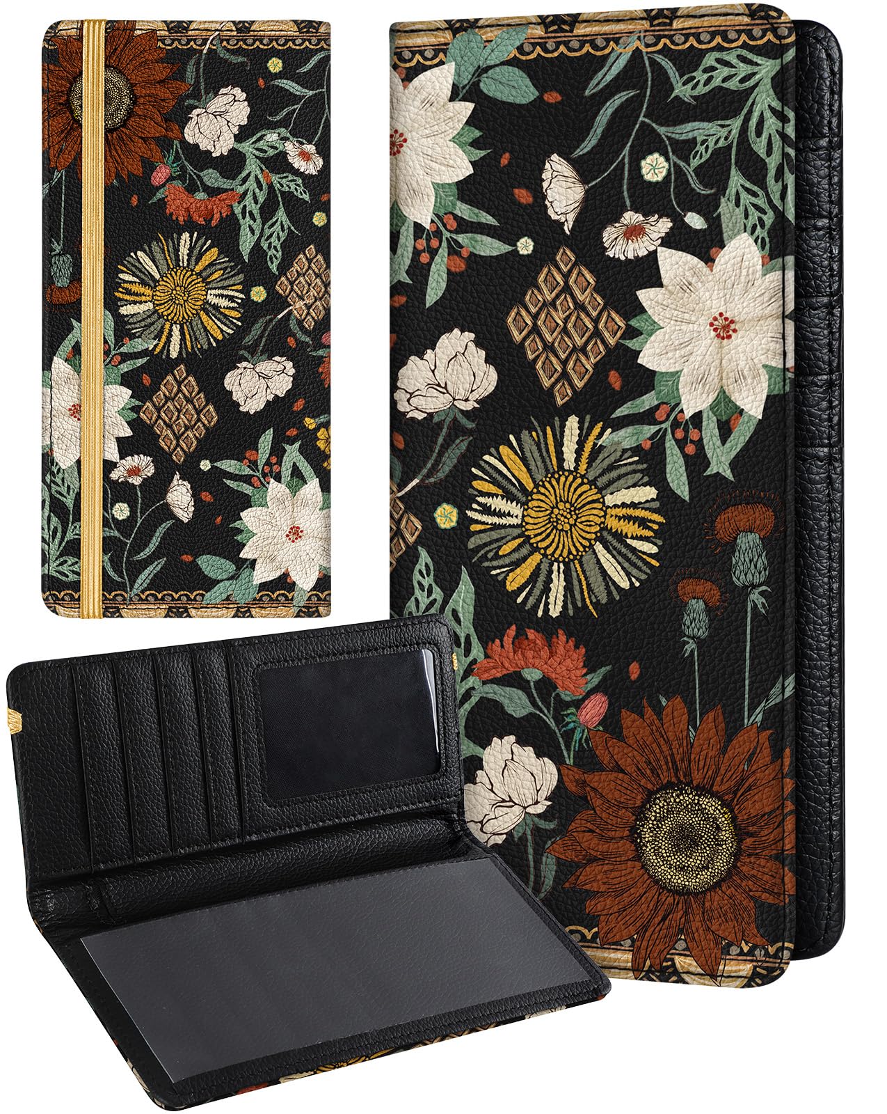 Slohif Checkbook Cover for Personal Duplicate Checks - Women Check Cover Book Wallet Holder Brown Sunflower White Lily Faux Leather Top Side Tear