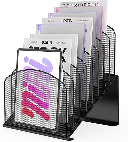 Organizador de archivos de escritorio inclinado, soporte de metal para carpetas de revistas, con compartimentos verticales de 8 secciones,