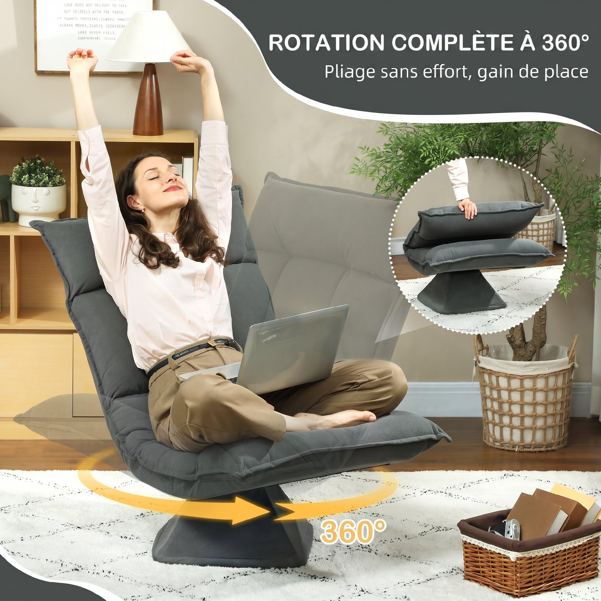 HOMCOM Chaise de Sol Pivotante à 360°, Fauteuil Pliable en Velours avec Dossier Réglable 5 Positions, Chaise Méditation Rembourrée pour Salon, Gaming et Lecture, Gris Foncé