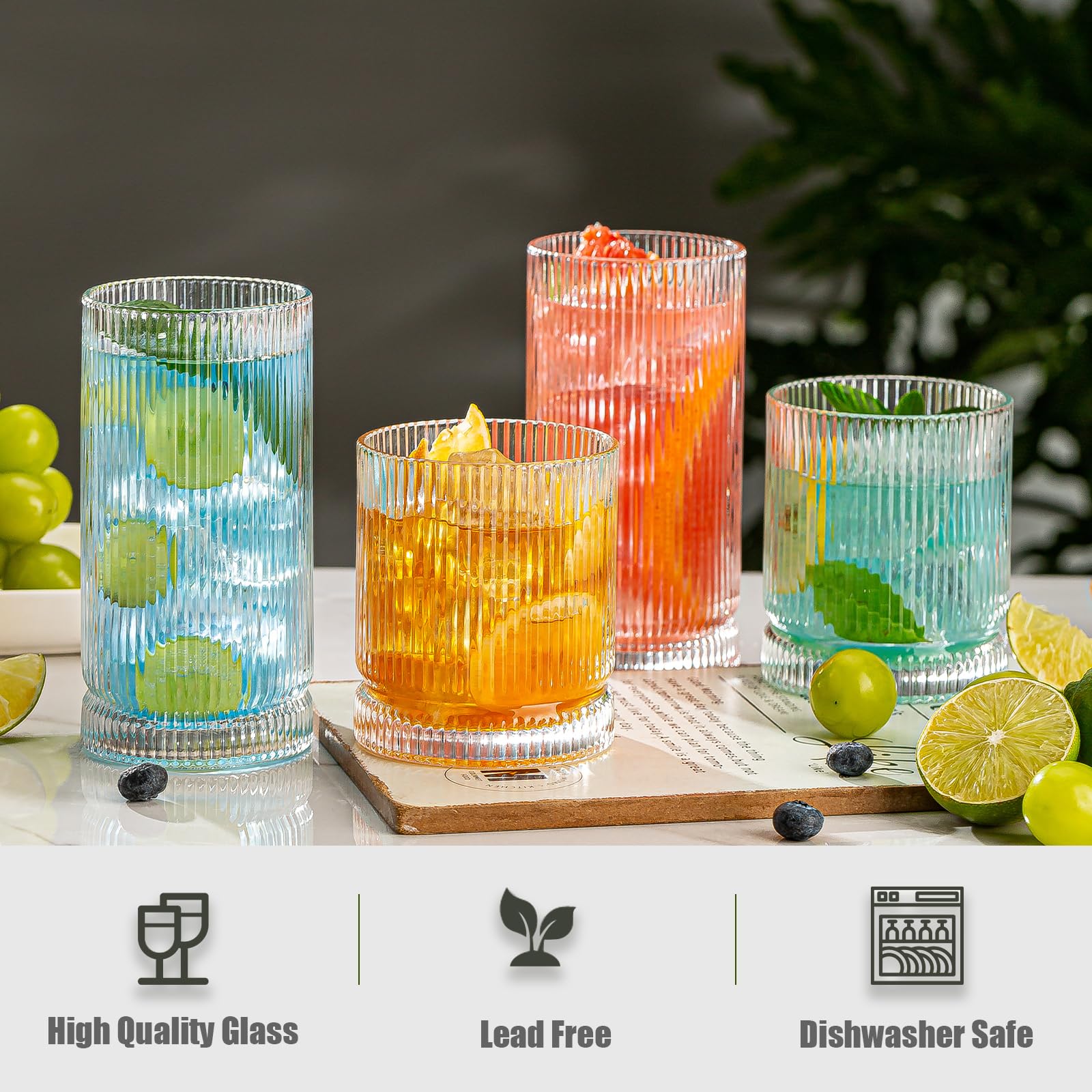 Trinkgläser, Set mit 8 Glasbechern im Origami-Stil, 4 Highball-Gläser, 425 ml und 4 Rocks-Gläser, 340 ml, Mojito-Becher, Cocktailglas, elegante geriffelte Vintage-Gläser für Cocktail, Bier
