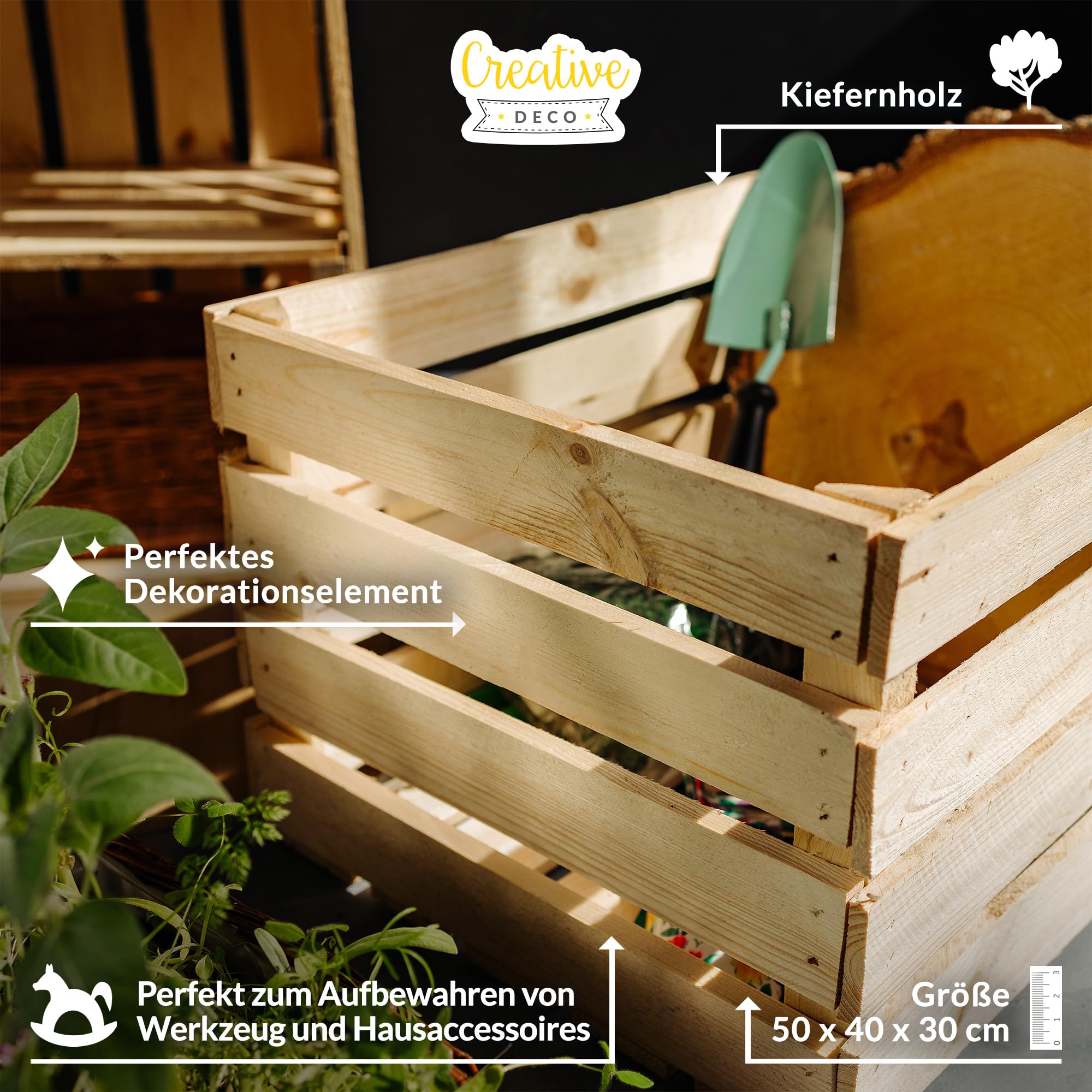 Creative DECO 3 x Cajas de Madera Natural Decorativa | 50 x 40 x 30 cm | Cesta de Madera Ideal para Almacenaje Regalo Fruta Decoración Bricolaje Manualidades | Documentos Juguetes Herramientas