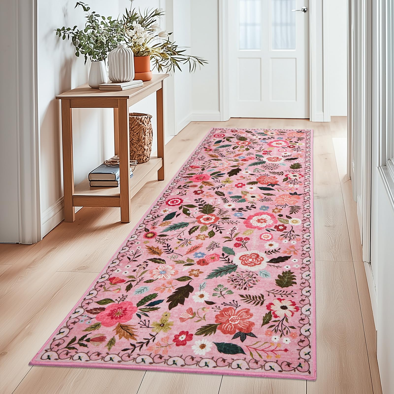 Puremy Waschbarer Flur Teppich Kurzflor Läufer, Vintage Blumenmuster Niedriger Flor, Wohnzimmerteppich Weich Teppiche für Bettvorleger Matte/Deko/Schlafzimmer/Kinderzimmer, 80x150cm, Rosa