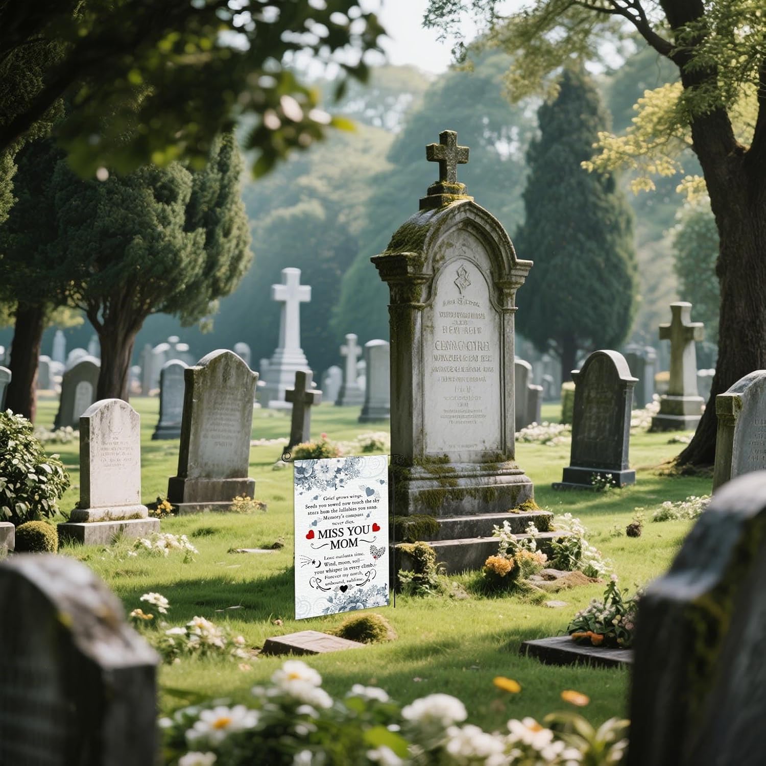 Miss You Mom Heavenly Garden Flags Funeral Remembrance Decoration Mom Funeral Memorial Garden Flags for Cemetery Happy Mother's Day in Heaven Banner 12x18 inch Double Side - Image 2