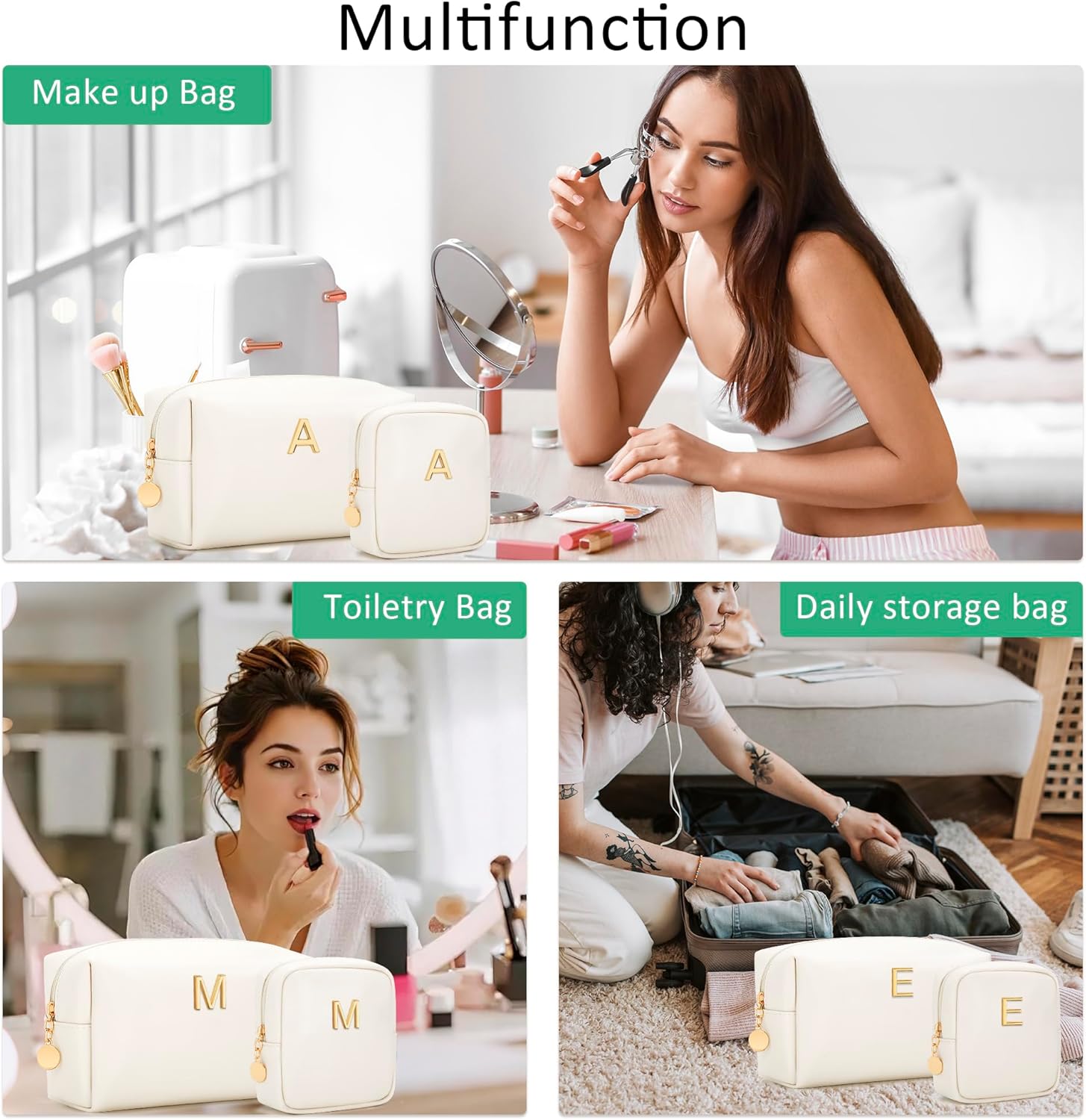 Personalized Birthday Gifts for Women - Initial Makeup Bag Set Travel Toiletry Bag Cosmetic Bags Soft Waterproof PU Leather Makeup Pouch Travel Essentials (Beige,A) - Image 4