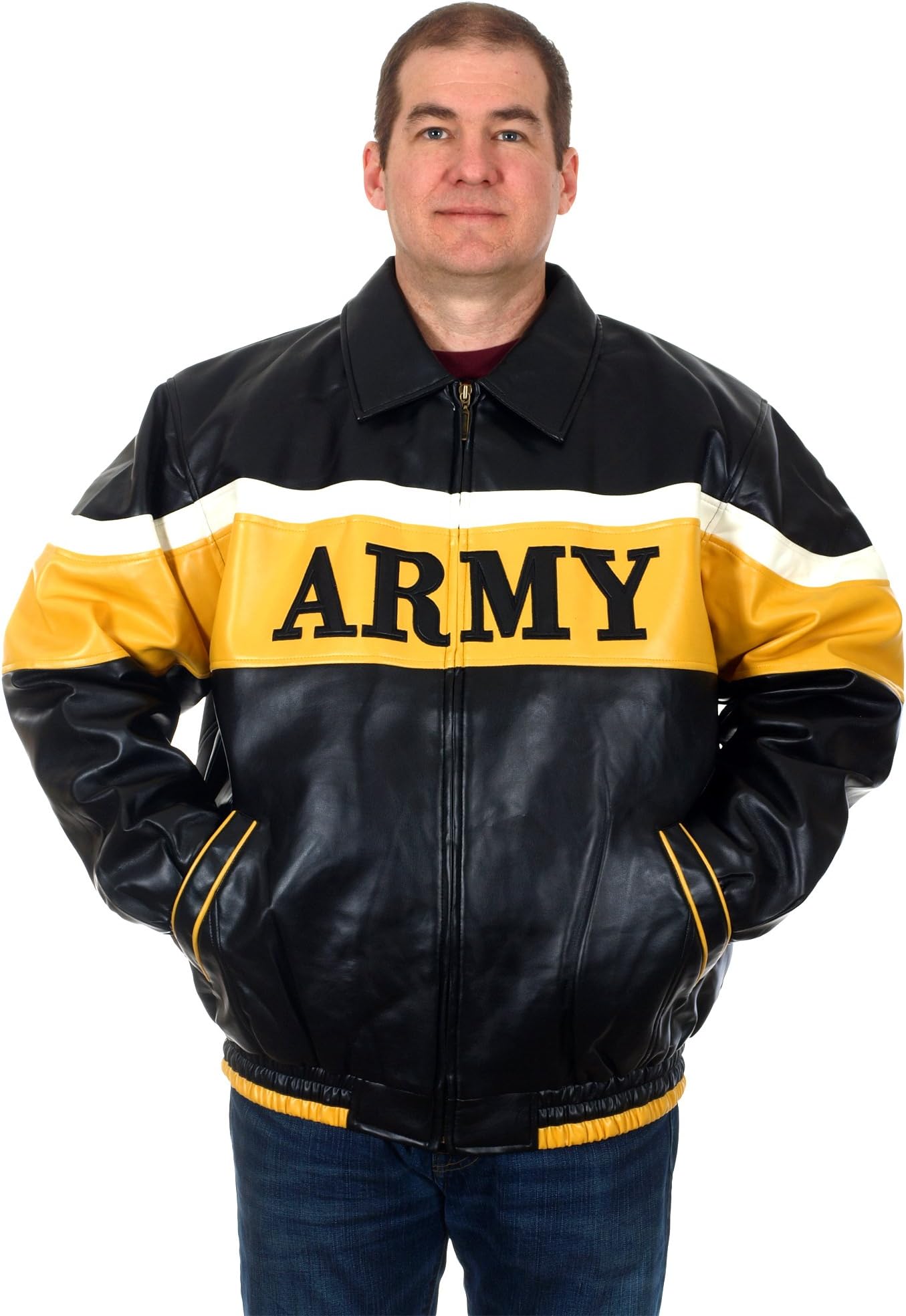 Menâ€s Officially Licensed US Army Faux Leather Bomber Jacket (Medium) Black, Yellow