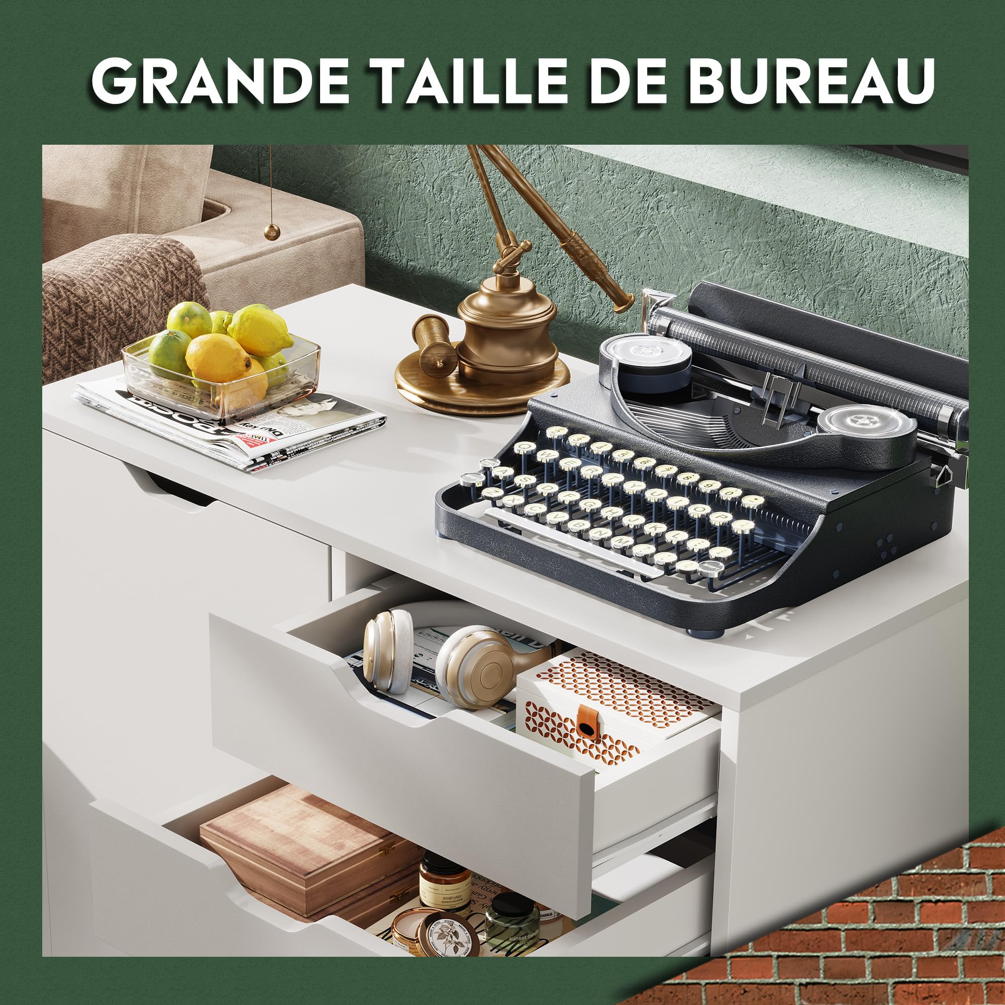 DEVAISE Caisson de Bureau 5 Tiroirs et Armoire 2 Niveaux, Meuble Sous Bureau avec Support Imprimante, Rangement pour Formats Lettre/Légal/A4 Blanc