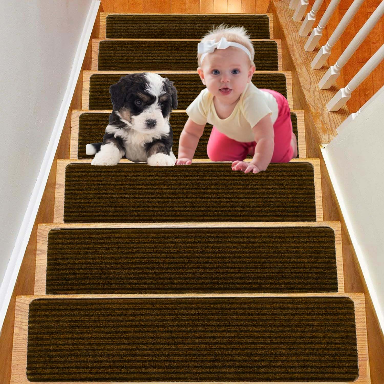 Duscdesp Stair Treads Carpet 15 Pack,60x20cm Peel and Stick Stair Runner,Self-Adhesive Anti Slip Carpet for Staircases,Suitable for Children,Elderly,and Pets(brown)