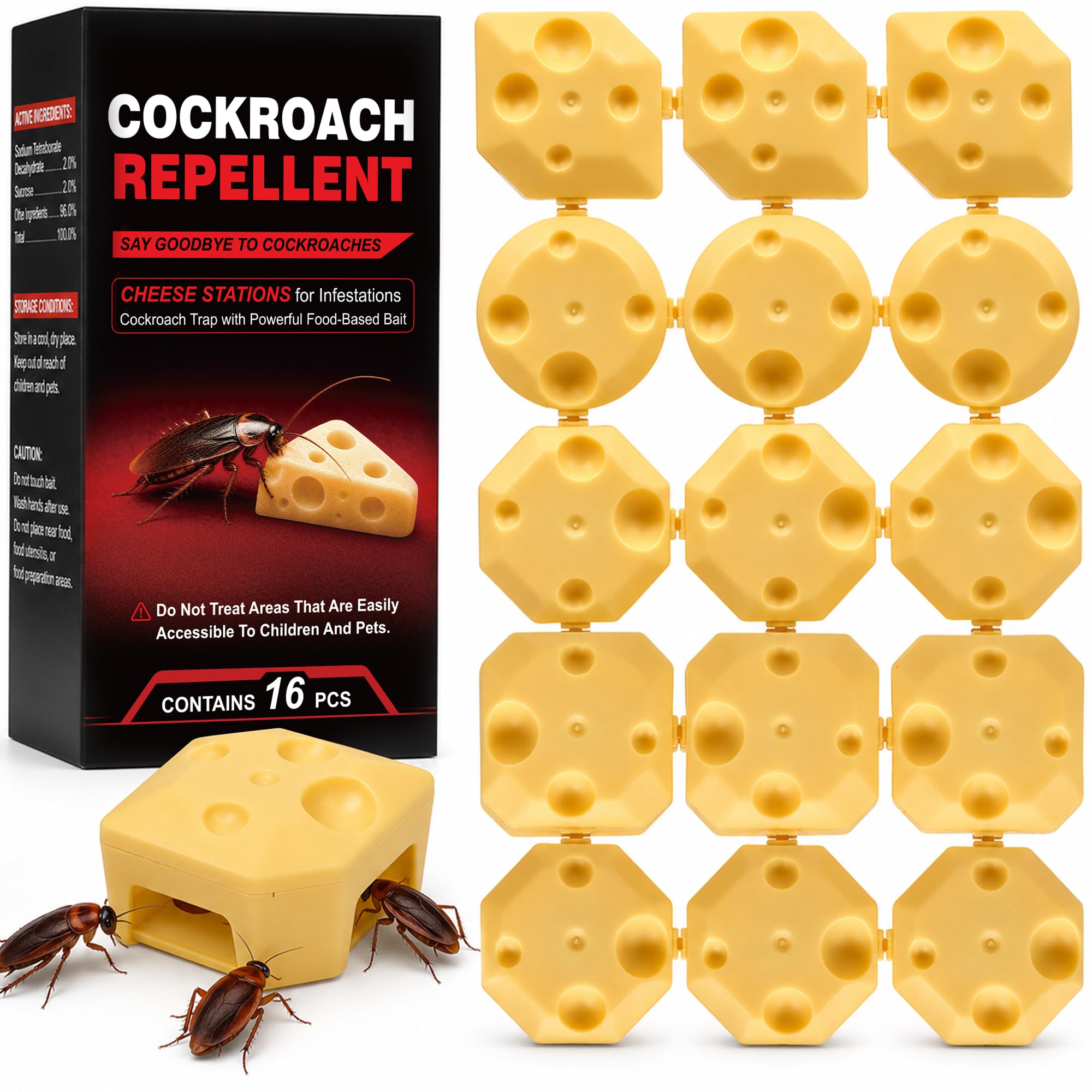 16 PCS Cockroach Bait Stations Indoor, Cheese Flavoured Roach Bait Traps for Home & Kitchen, Ready-to-Use Cockroach Killer Bait Stations for Kitchens, Bathrooms, Cupboards and Basements