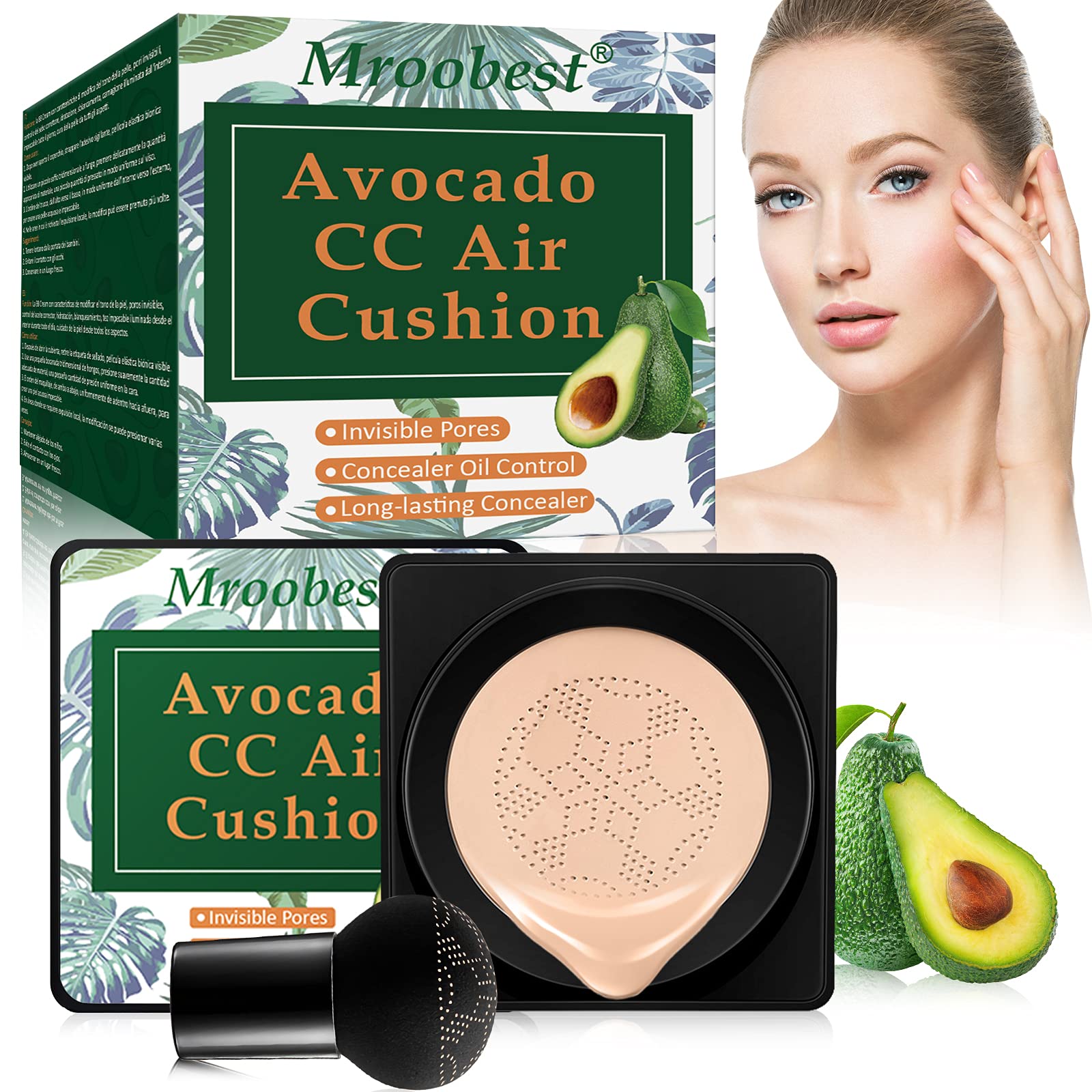 Mroobest BB Air Cushion, Avocado BB Cream, CC Cream, All-Day Lasting Nude Makeup Foundation, with Mushroom Air Cushion, Even Skin Tone Makeup Base,