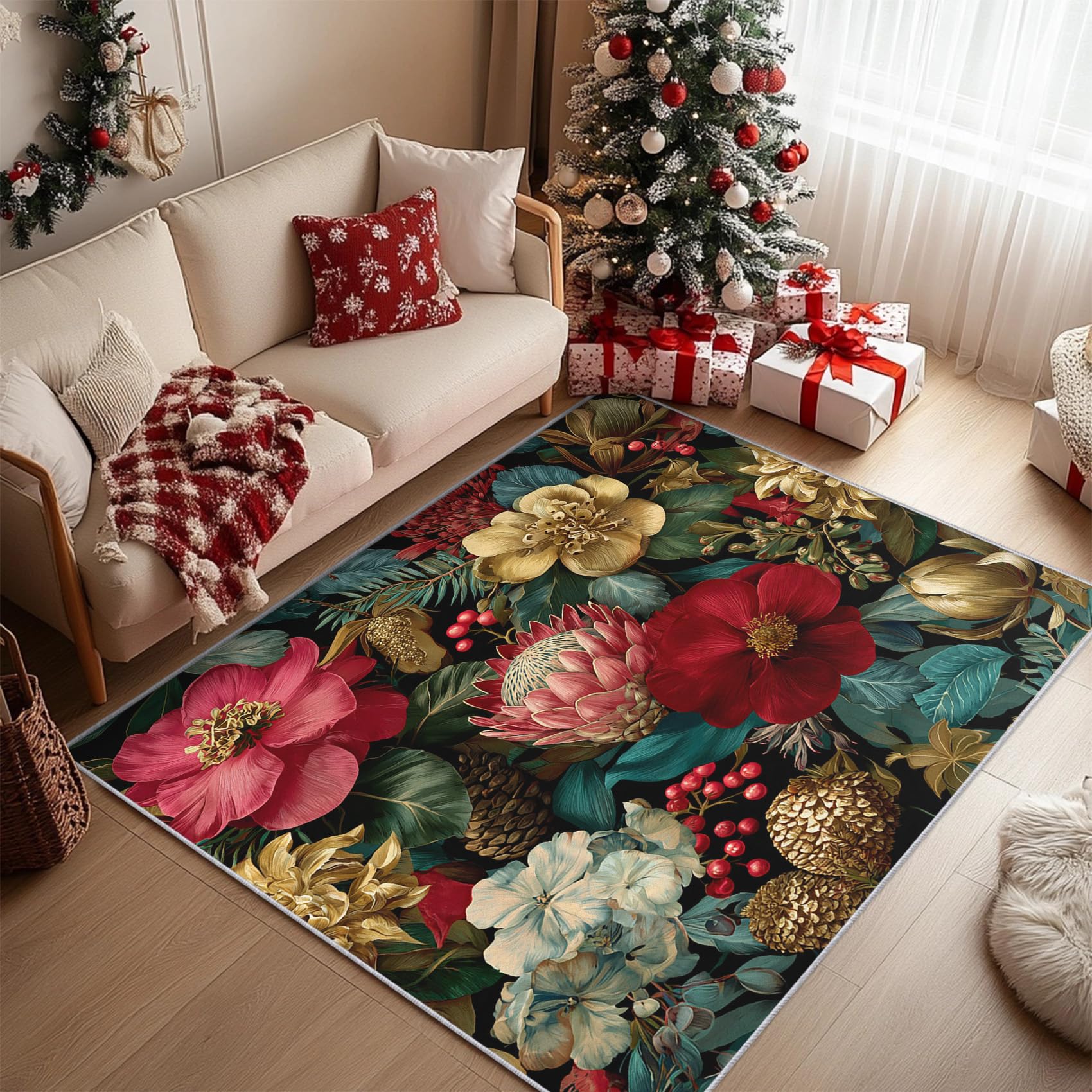 Tapis salon fleur et chambre botanique 80x150 cm lavable