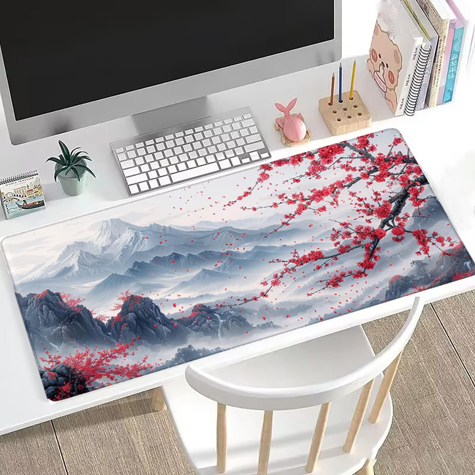 Podkładka pod mysz XXL 1200 x 600 x 3 mm krajobraz duża podkładka pod mysz do gier brzoskwiniowe kwiaty brzoskwini mata na biurko z szytymi krawędziami, antypoślizgowa podkładka pod mysz komputerowa