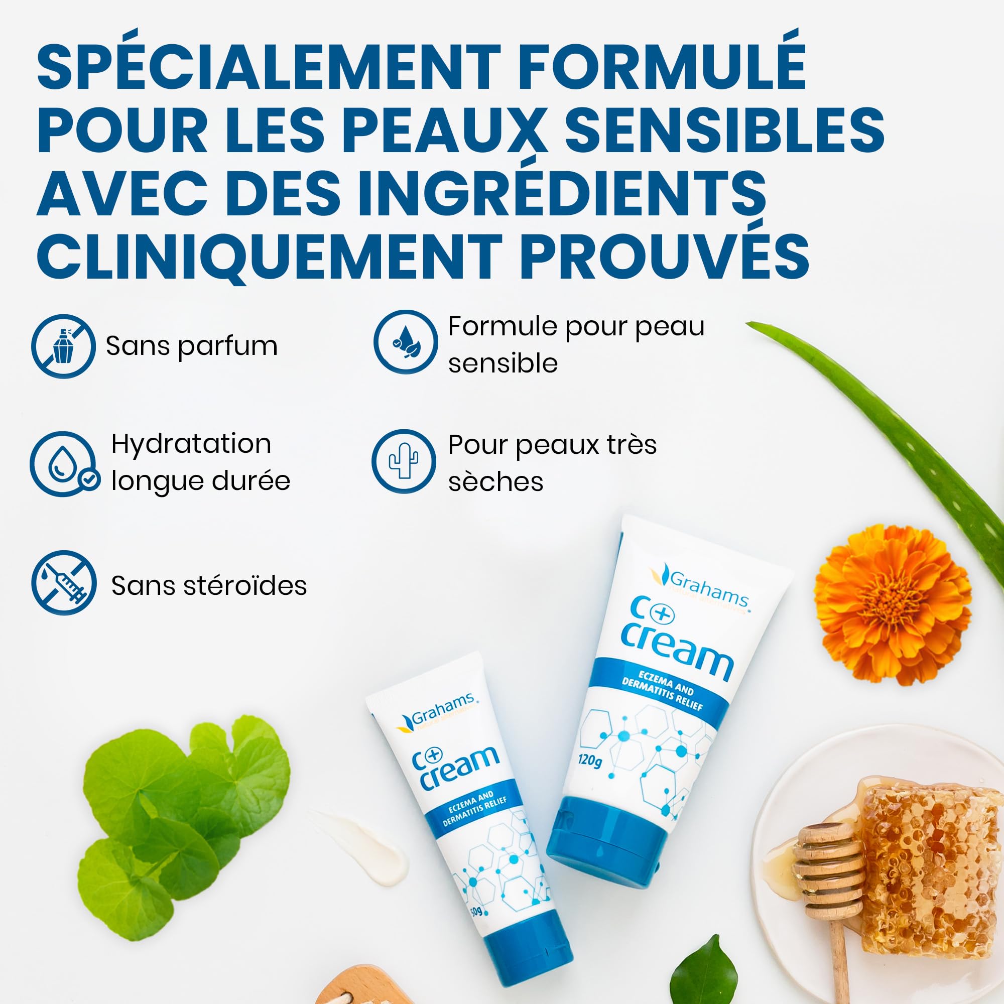 Grahams Natural C+ Cream - Crème Pour Peaux Sèches, Démangeantes, Rouges et à Tendance Eczémateuse - Au Miel de Manuka et au Calendula - Sans Stéroïdes, Non Grasse, Convient aux Peaux Sensibles, 120g