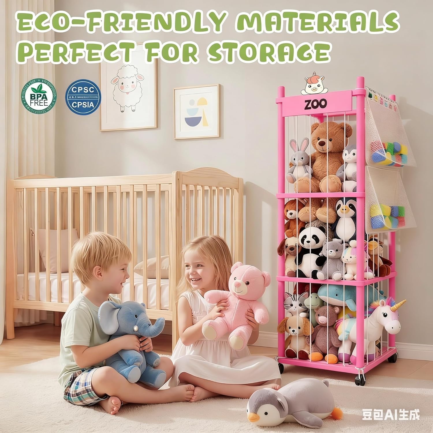 Stuffed Animal Storage Zoo Tower, Wooden Toy Organizer with Wheels, 56inch Large Cute Stuffy Holder & Plushie Storage Bag, Premium Wooden Material For Toddler Rooms, Playrooms & Bedrooms