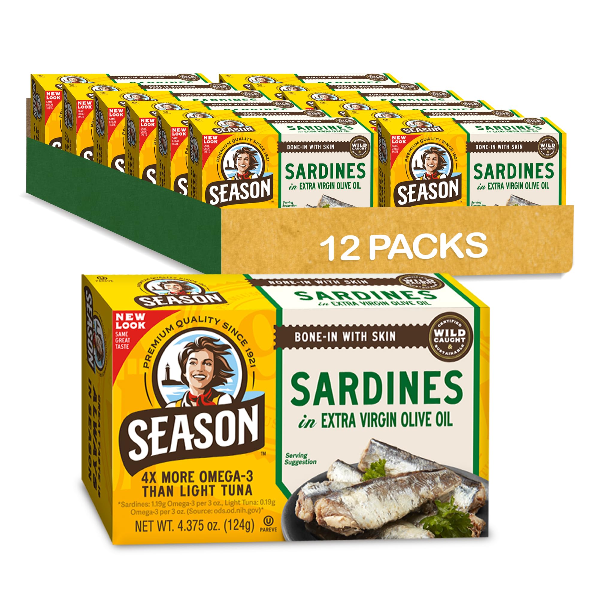 Sardines in Extra Virgin Olive Oil - Wild Caught, 22g of Protein, Keto Snacks, More Omega 3's Than Tuna, Kosher, High in Calcium, Canned Sardines - 4.37 Oz Tins, 12-Pack