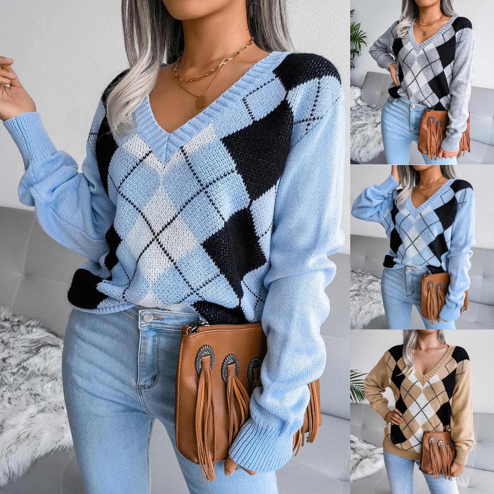 Maglione Donna Maglioni Autunnali da Donna A Maniche Lunghe Tops A Maglia per Maglioni A Maglia Casual Oversize-Cachi-s