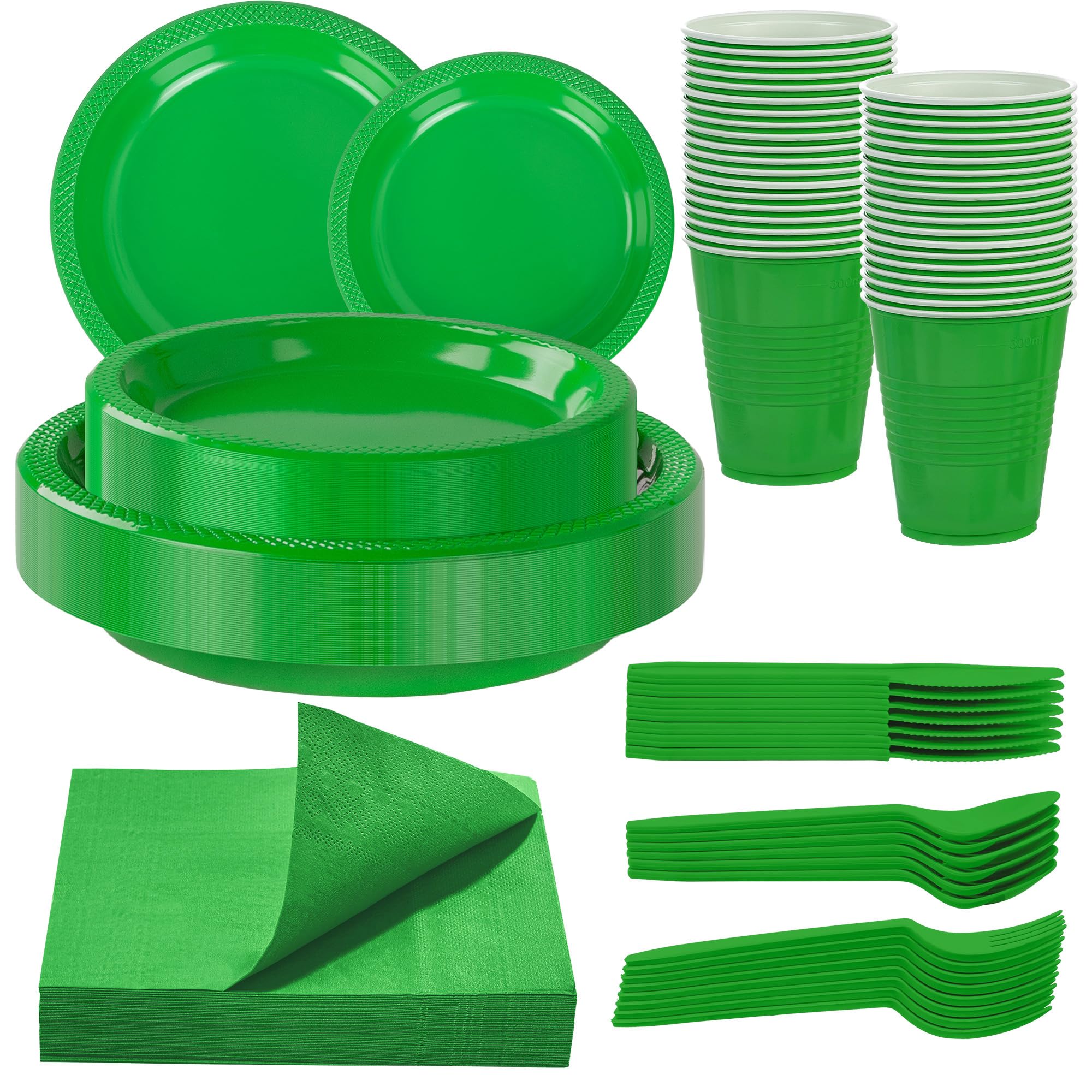 WELLIFE 210 PCS Green Plastic Plates for 30 Guests - Disposable Dinnerware Set Including Dinner Plates, Dessert Plates, 12oz Cups, Cutlery & Napkins, Green Party Plates
