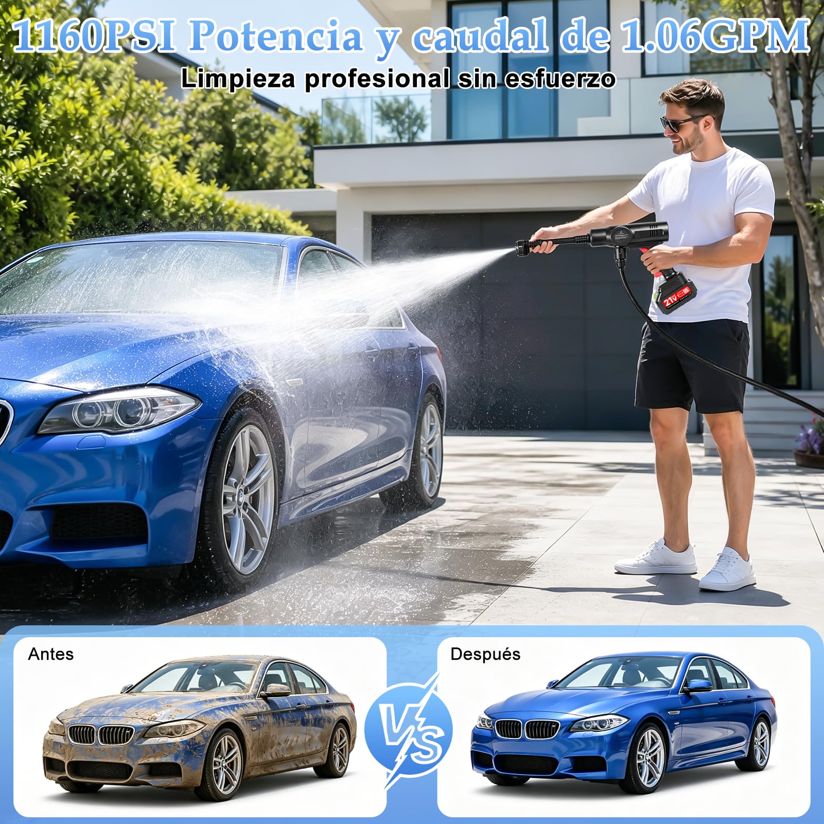 Limpiador de alta presión inalámbrico de 21 V 80 bar con 2 baterías de 3000 mAh, 6 en 1, con manguera de 5 m, limpiador de chorro para suelo, coche, jardín