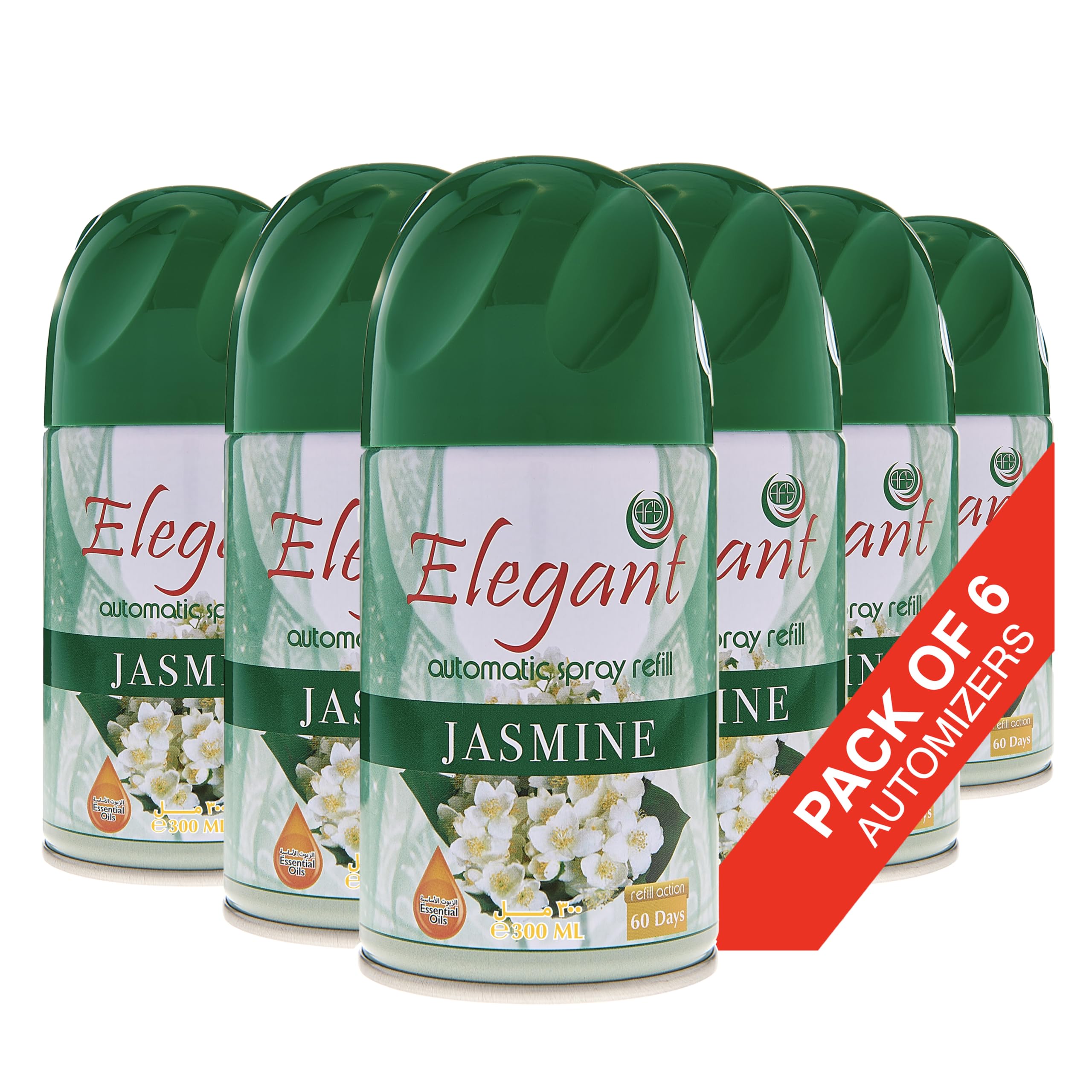 Elegant Automatic Spray REFILL – Jasmine – 300ML – Pack of 6, 6-Pack (300ML x 6 Pcs) – Air Freshener REFILL for Home And Bathroom, Made With ESSENTIAL OILS (Pack of 6)