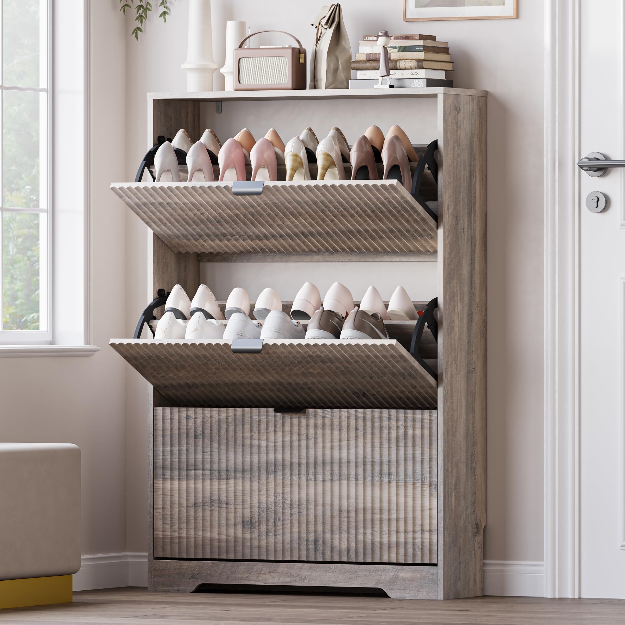 BORNOON Entryway Shoe Cabinet with 3 Flip Drawers, Narrow Shoe Organizer Cabinet with Fluted Panel and Adjustable Shelves for Foyer, Hallway