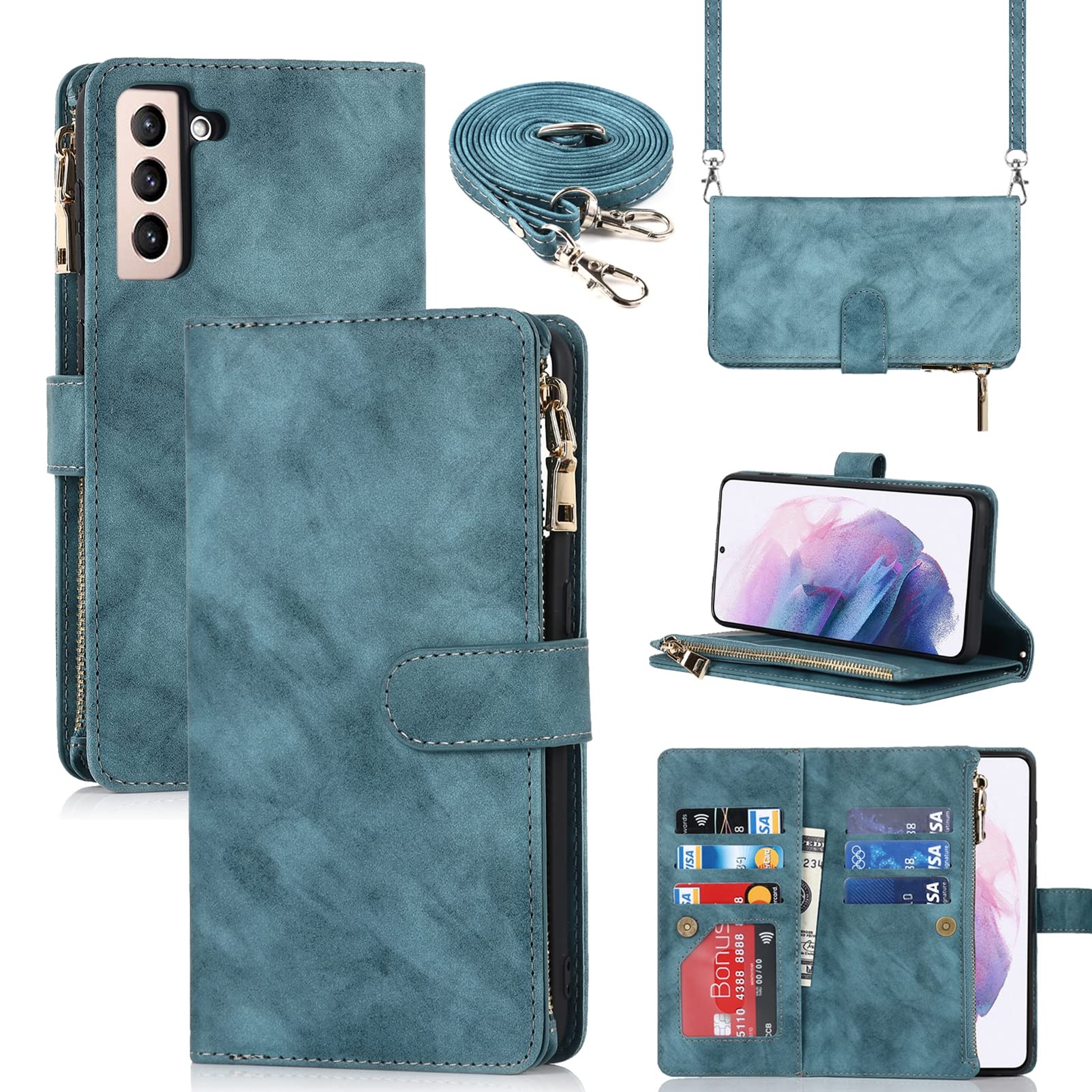 Jaorty for Samsung Galaxy S21 Plus / S21+ Wallet Case for Women with Card Holder, Crossbody Phone Cases with Shoulder Strap, Zipper Pocket PU Leather