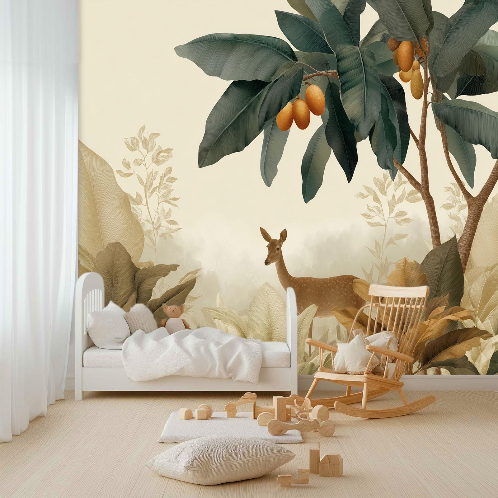Minimalne drzewo bananowe jeleń mural tapeta 300 x 210 cm, beżowe murale ścienne do sypialni salonu dziecięcego przedszkola mural ścienny art deco - fototapeta plakat dekoracja