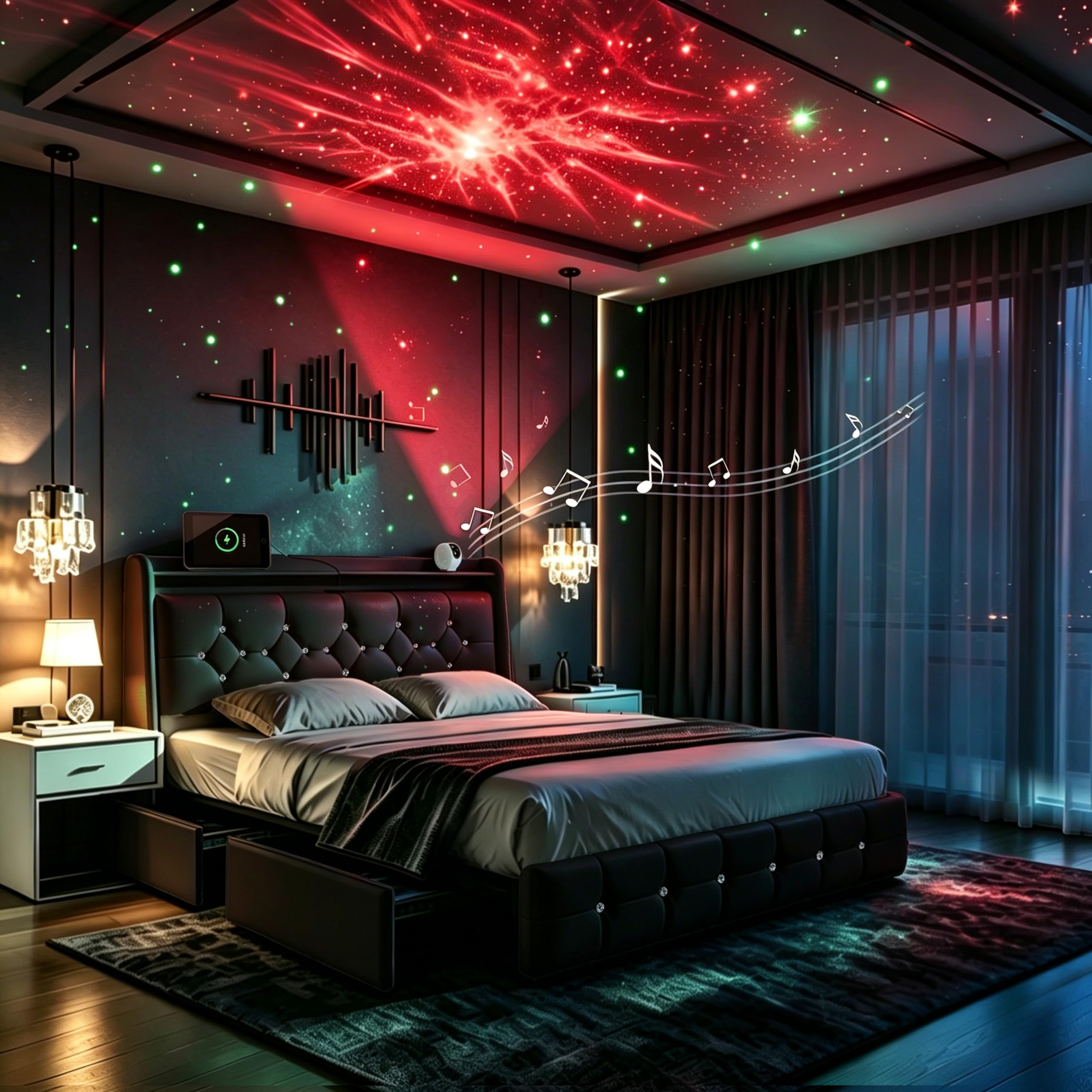 Schwarzer Bettrahmen mit Star-Projektor 160 x 200 cm, Leder | USB- & Type-C-Anschlüsse, gepolstertes Bett, Bluetooth-Star-Projektor, Lattenrost, Stauraum-Schubladen