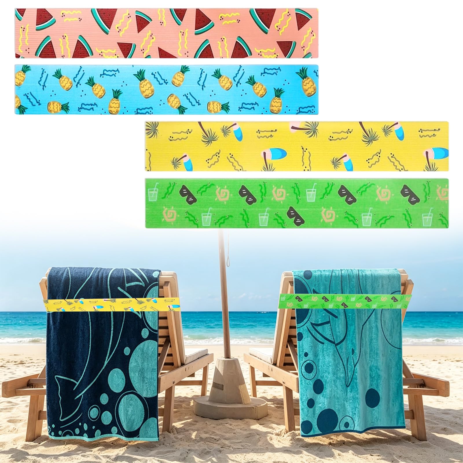 ZPQJV 4 Pcs Towel Bands for Sun Loungers, Elastic Windproof Sunbed Straps, Secure Towels on Prevent Blowing Away, Sunbed Chair Towel Holders for Pool, Outdoor Beach, 5 x 30cm