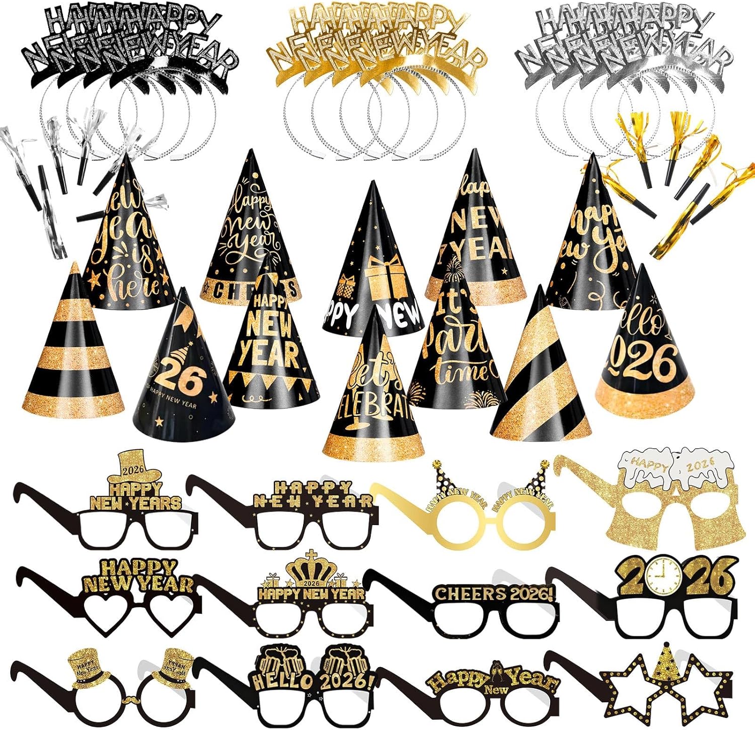New Years Eve Party Supplies 2026 48 PCS Happy New Years Decoration Hats Glasses Headband for 2026 Party Props Festival Decorations Count Down NYE Party Supplies Favors (Black-2)