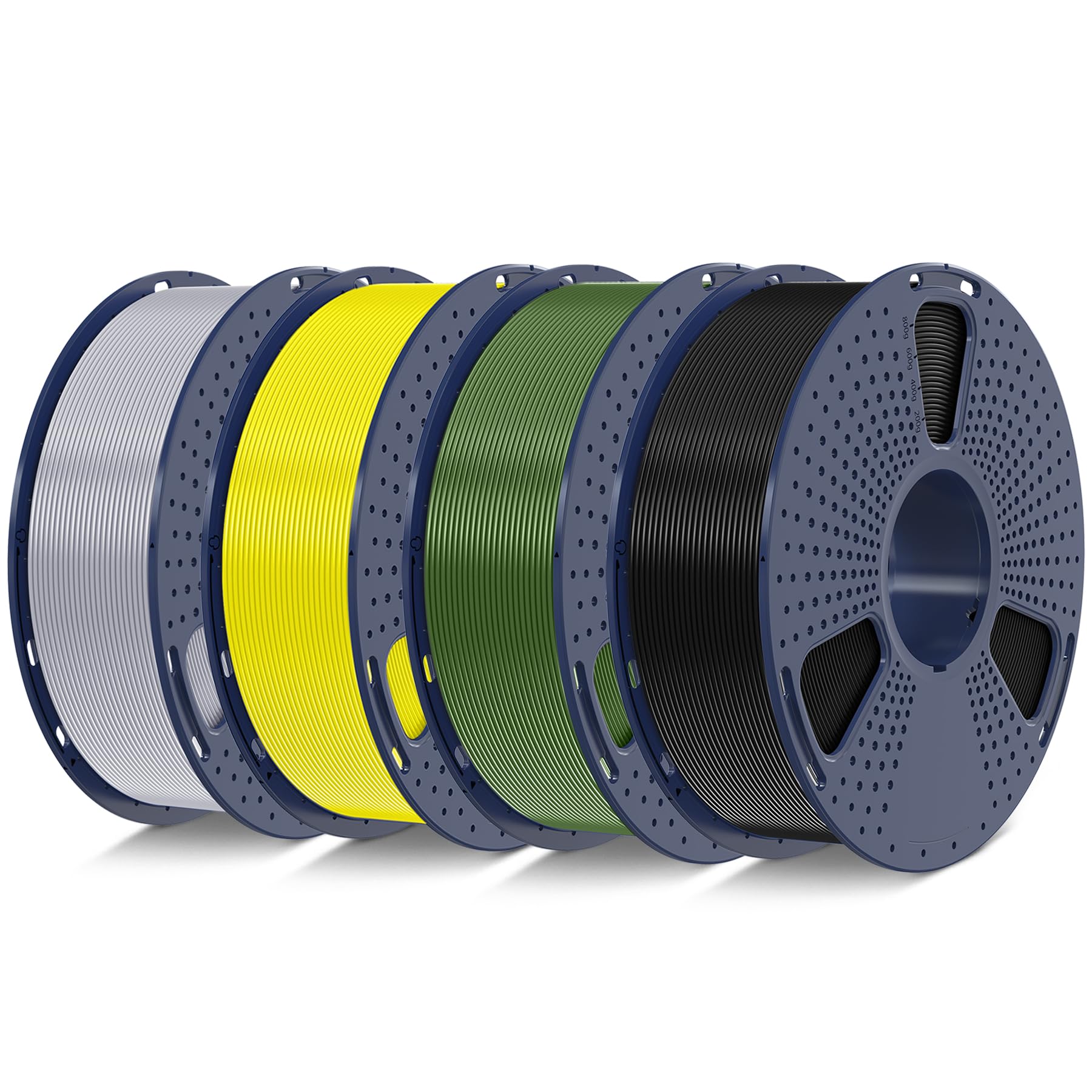 SUNLU PLA+2.0 Filamento per stampante 3D, Filamento PLA Plus di Aggiornamento 4KG, Precisione dimensionale +/- 0.02 mm, Bobina da 1kg (2.2LBS), 4KG in Totale, Nero+Oliver Verde+Giallo+Argento