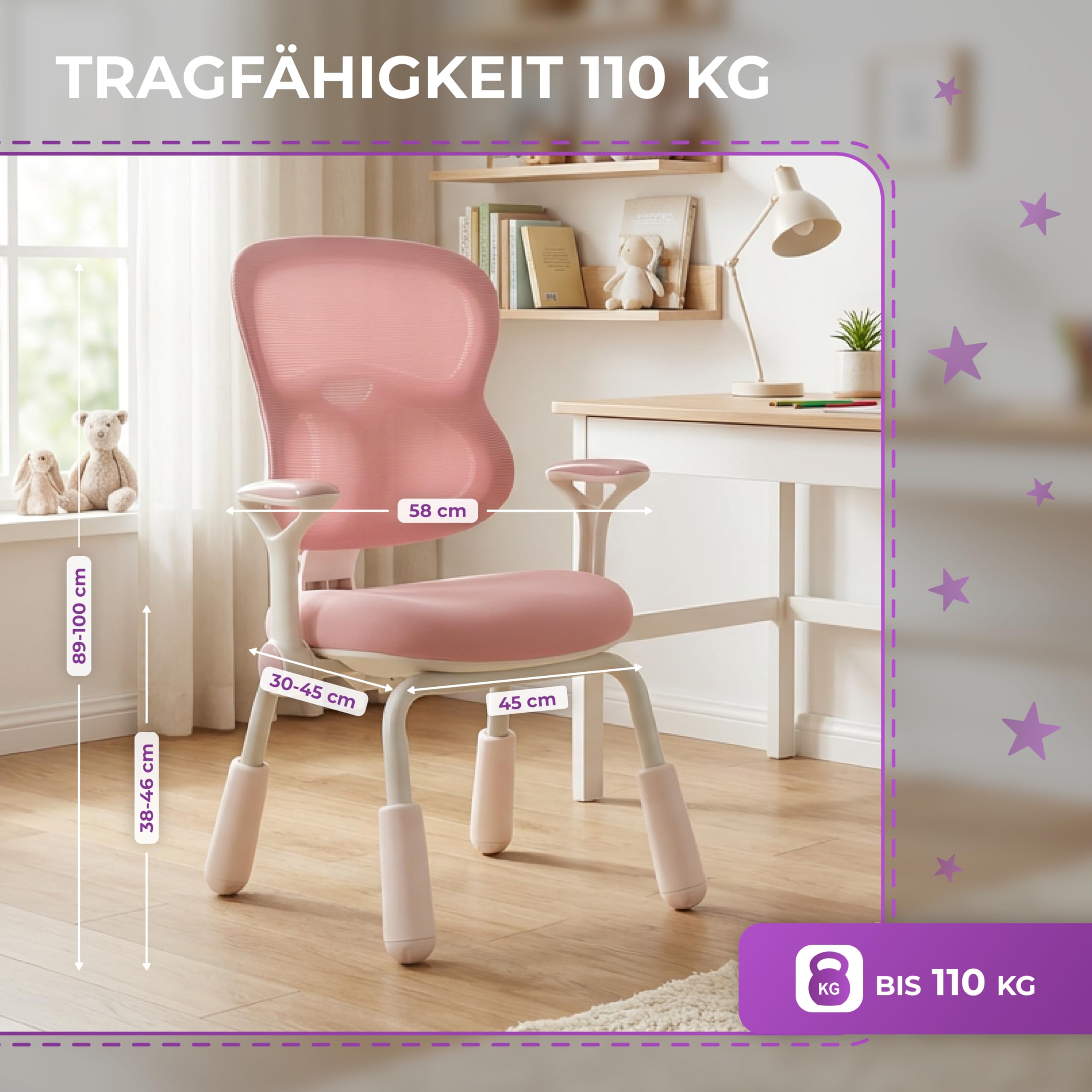 Spacetronik Schreibtischstuhl Kinder ohne Rollen, Sitzhöhe 38-46cm höhenverstellbar, Kinderstuhl mit klappbarer Armlehne, Kinderschreibtischstuhl für Jungen & Mädchen