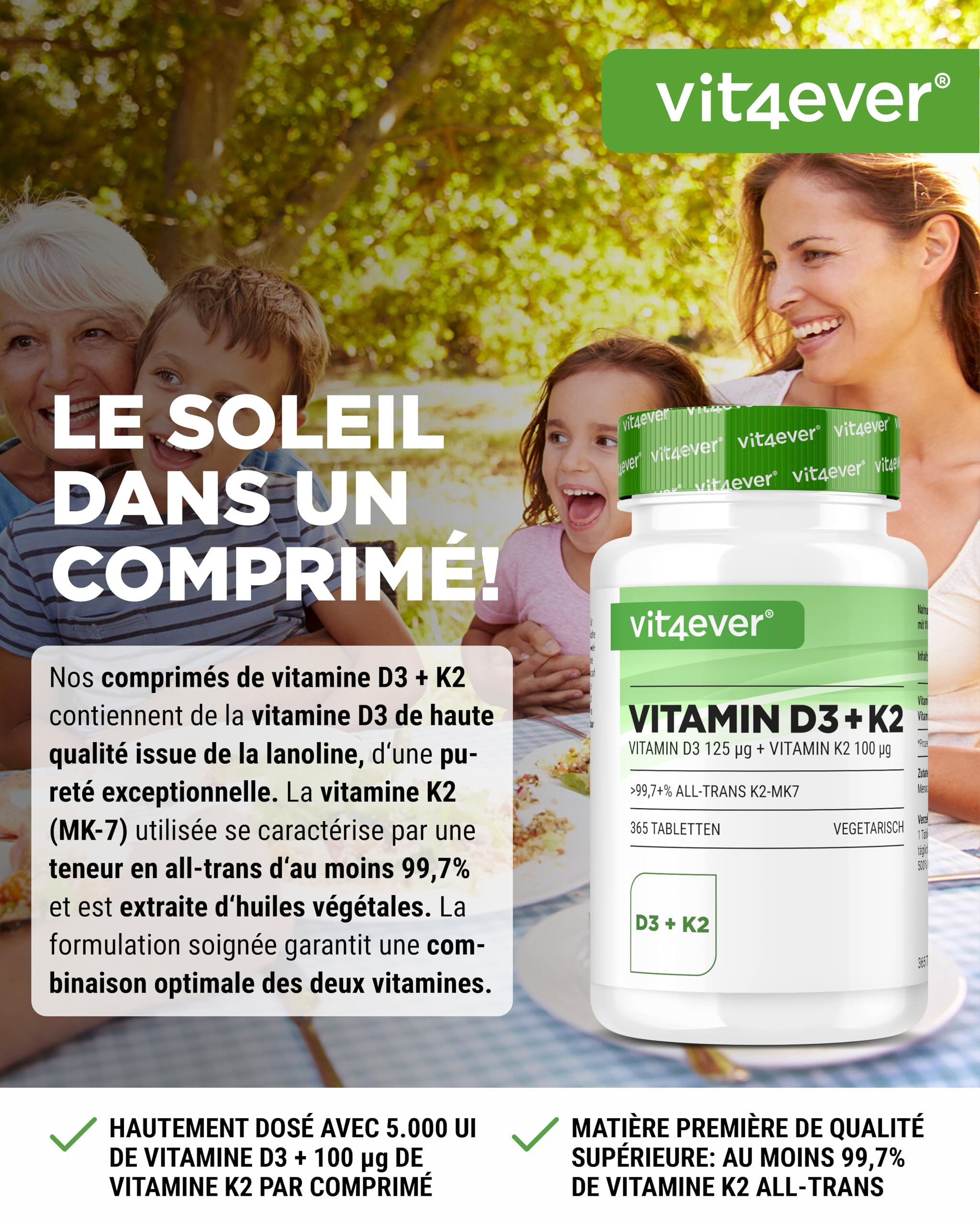 Vitamine D3 + K2 Depot - 365 comprimés - Matière première de première qualité : 99,7+% All-Trans (K2VITAL® de Kappa) - Avec 5000 U.I. de vitamine D3 par comprimé - Hautement dosé | 100 µg de vitamine K2 MK7, en lanoline, végétarienne, sans additifs inutil