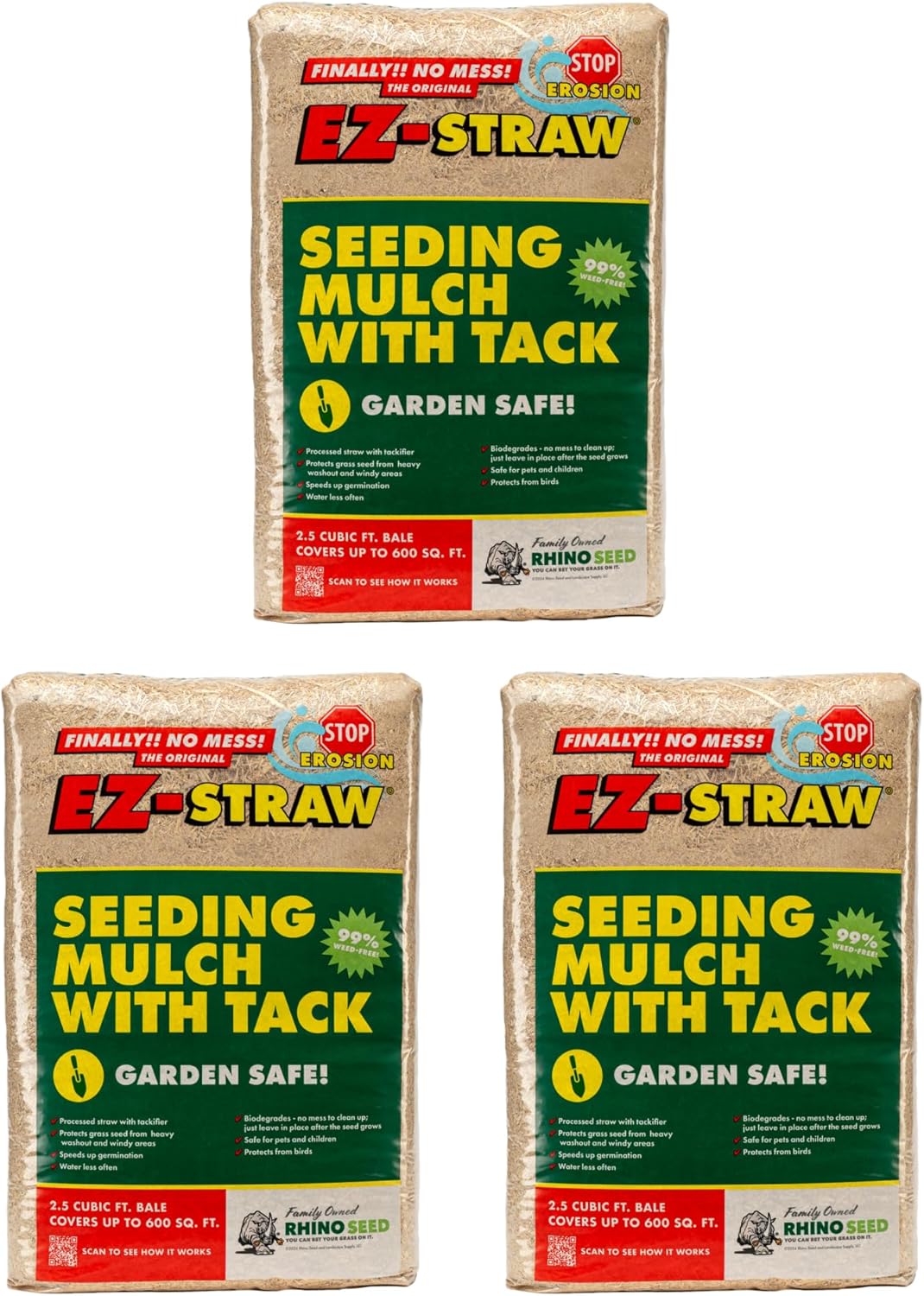 EZ Straw Seeding Mulch with Tack - Biodegradable Processed Straw, 2.5 cu. ft. Bale (Covers up to 600 sq. ft.), 3 Pack