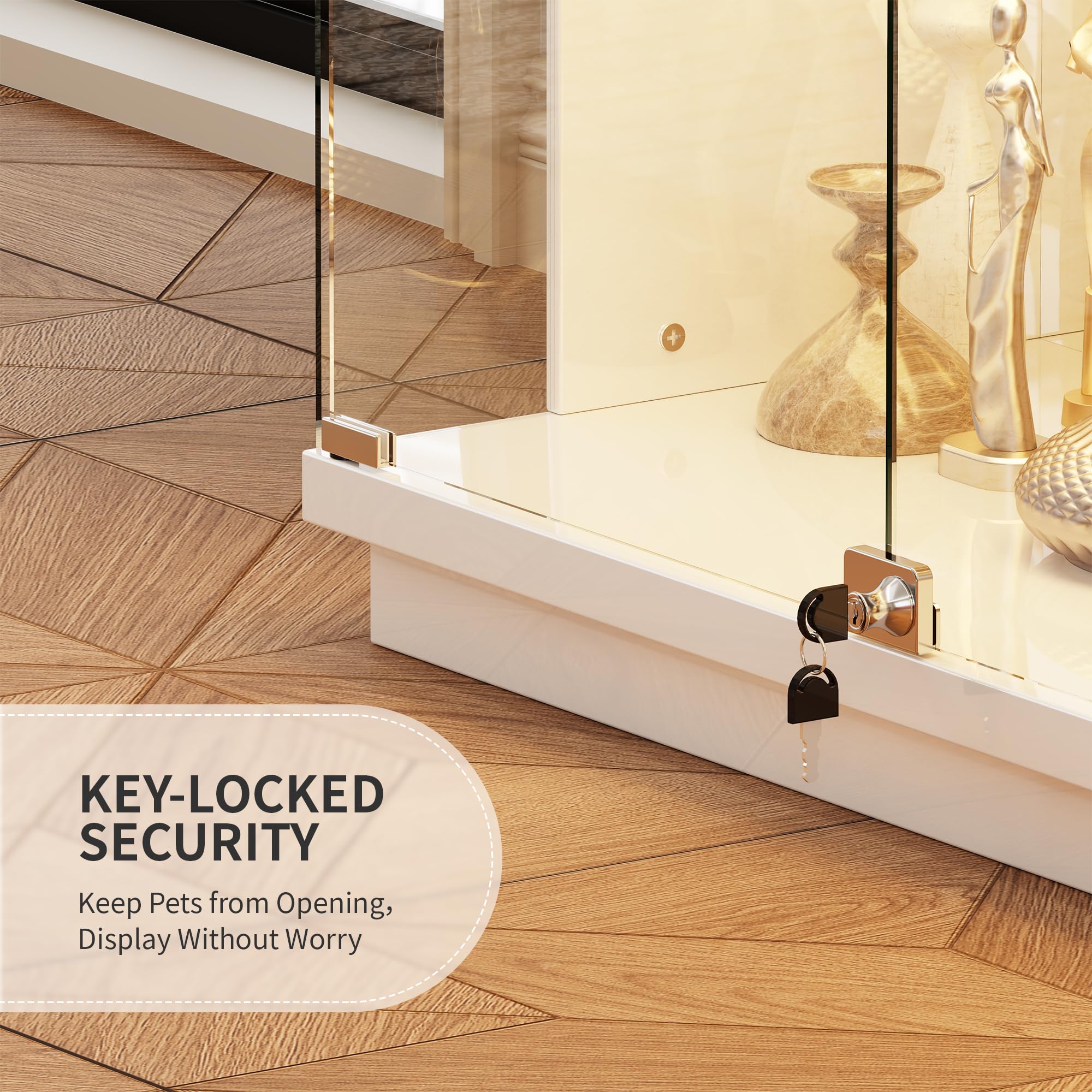 Gurexl Glasvitrine mit LED Beleuchtung und Körpersensor-System für Wohnzimmer,Hochglanz Sideboards mit Abschließbare Glastüren und Type-c B120 x T38 x H85 cm für Esszimmer Innenministerium,Weiß