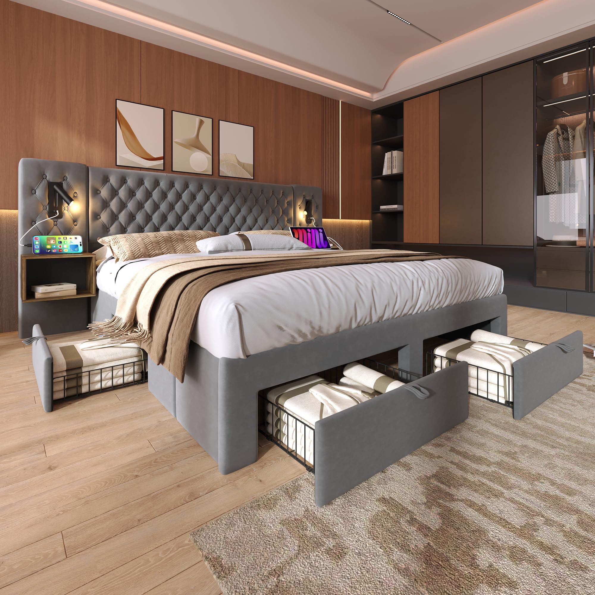 Set completo para dormitorio, cama tapizada matrimonial 180×200 cm con 2 mesitas de noche y 4 cajones, cabecero con luz de lectura y función de carga USB, en terciopelo, sin colchón