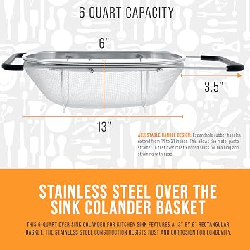 U.S. Kitchen Supply Stainless Steel Colander Strainer - 6-Quart Collapsible Colander with Expandable Rubber Handles - Rectangular Sieve, Fine Mesh Stainless Steel Strainers and Colanders for Kitchen