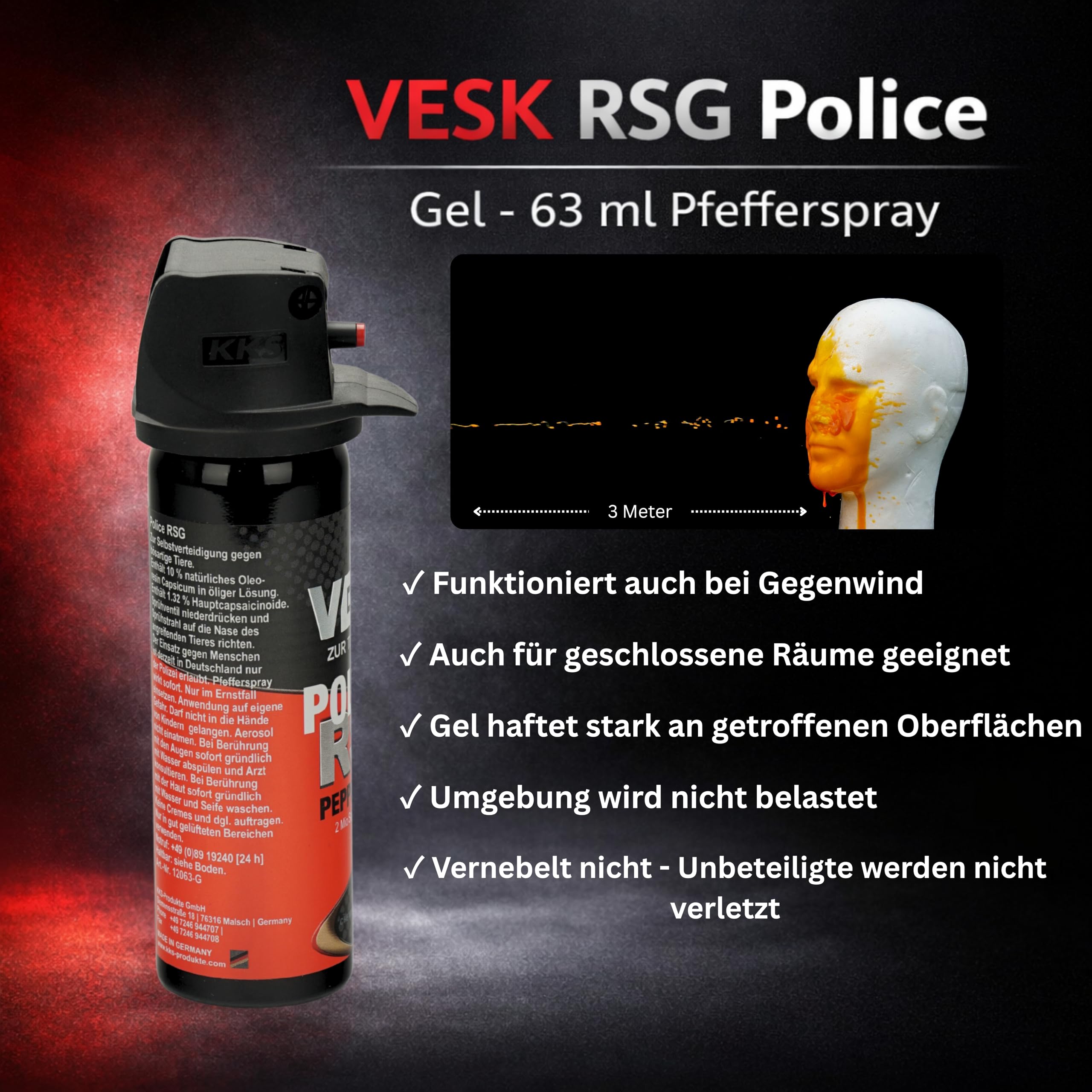 Pfefferspray Pfeffergel VESK RSG Police Gel 63 ml Sprühkopf mit Federdeckelkappe