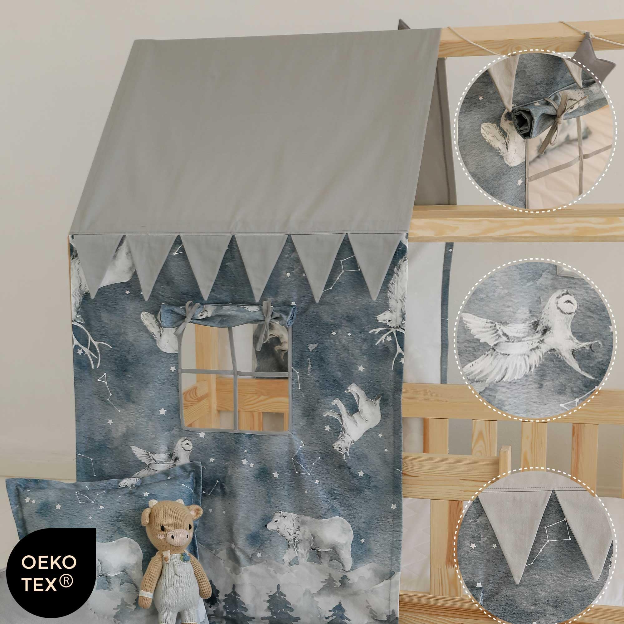 Moi Mili Dosel de cama con aspecto de casa, cortina con estampado de cielo estrellado, 300 x 80 cm, en forma de casa, con ventana para cama infantil, decoración de cama, dosel de casa