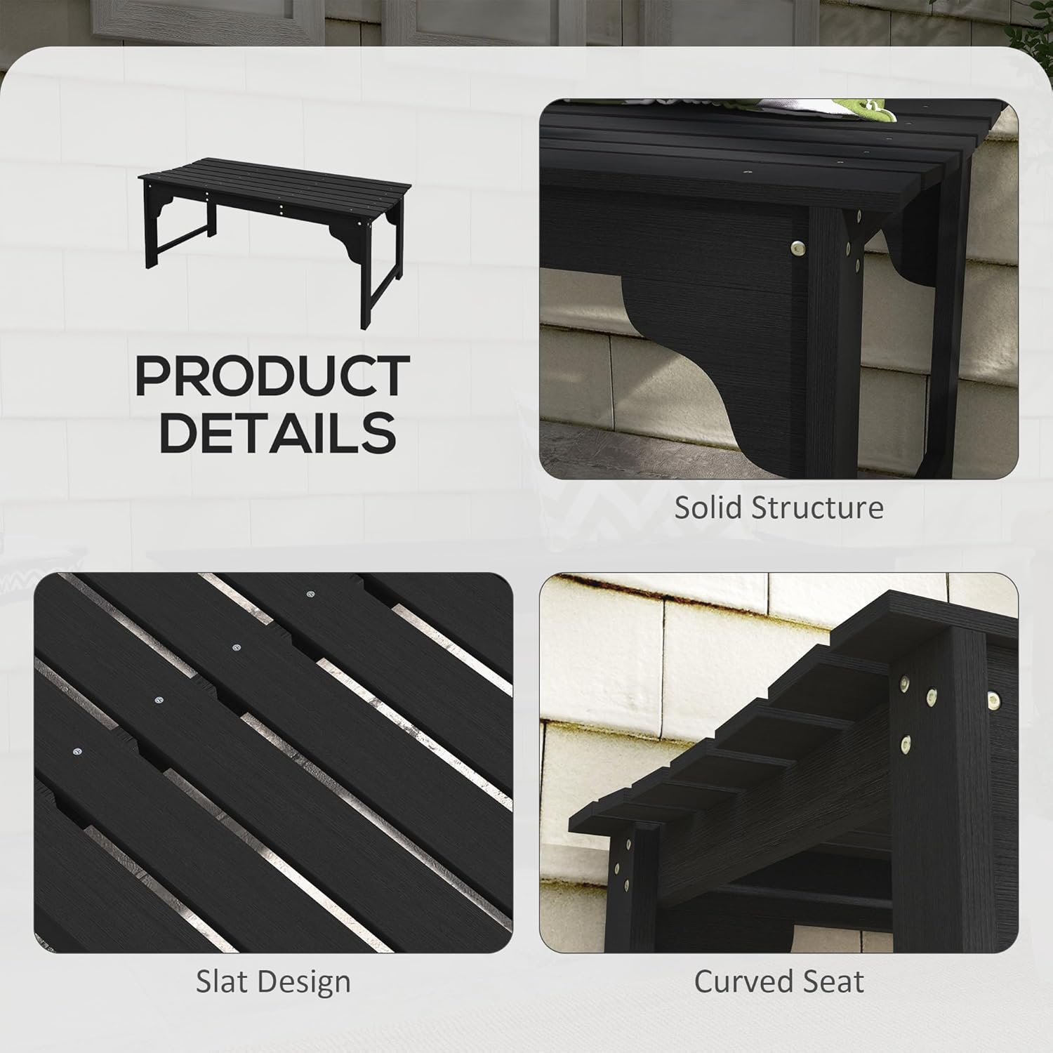 Close-up images showing the solid structure, slat design, and curved seat of the bench