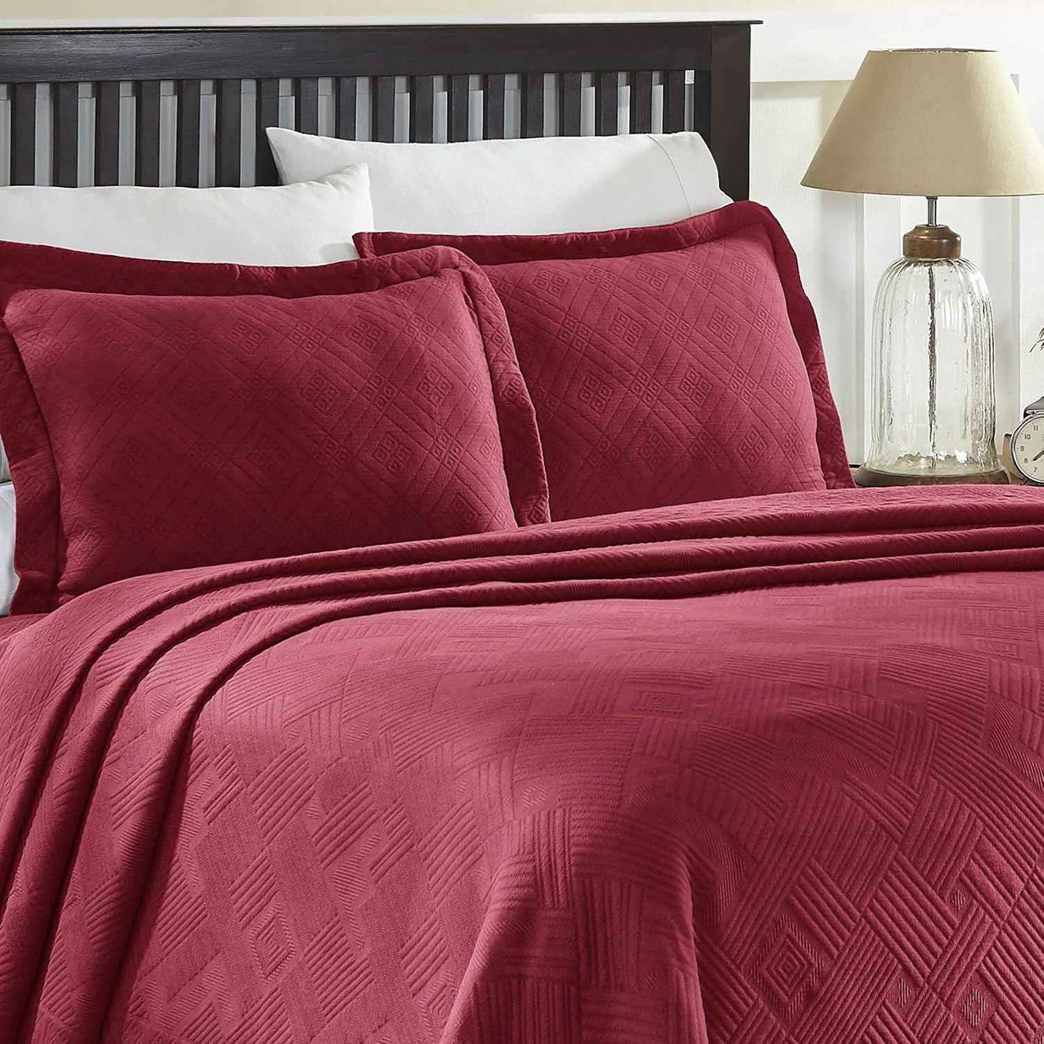 BNM Oversized Geometric Fret Design Matelasse Cotton Bedspread, Jacquard Weave, Soft, All-Season, Cozy, Lightweight, Perfect for Master or Guest Bedroom, Matching Pillow Shams, Full, Sweet Pea