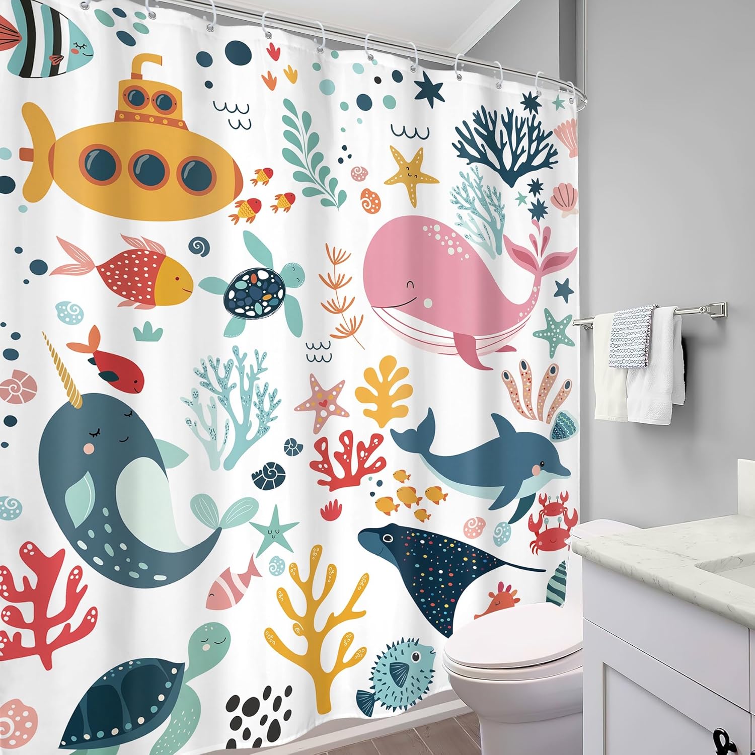 Kids Shower Curtain 72Wx84H Extra Long Ocean Cute Cartoon Whale Funny Kid Bathroom Decor Nursery Boys Girls Underwater Coastal Submarine Fish Animal Bath Curtain Fabric Polyester 12 Pack Hooks