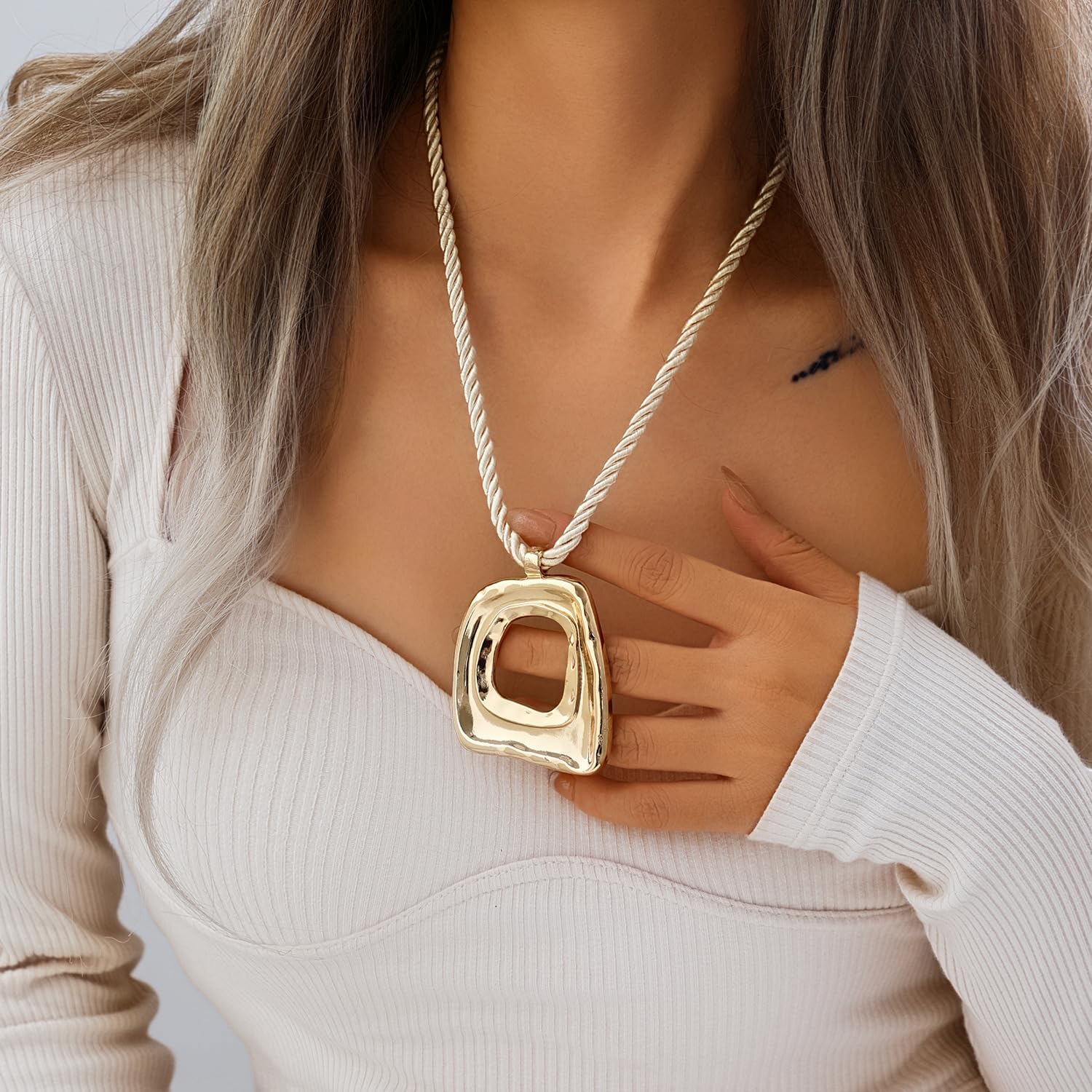 Gold Chunky Square Necklace for Women Golden Statement Necklace Geometric Necklace Large Square Woven Rope Pendant Necklace Jewelry - Image 2