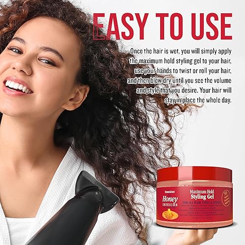 Miniatura 6 de Gel de peinado de máxima sujeción con miel y karité - Gel hidratante para el cabello, adecuado para todo tipo de cabello y estilos versátiles, ideal