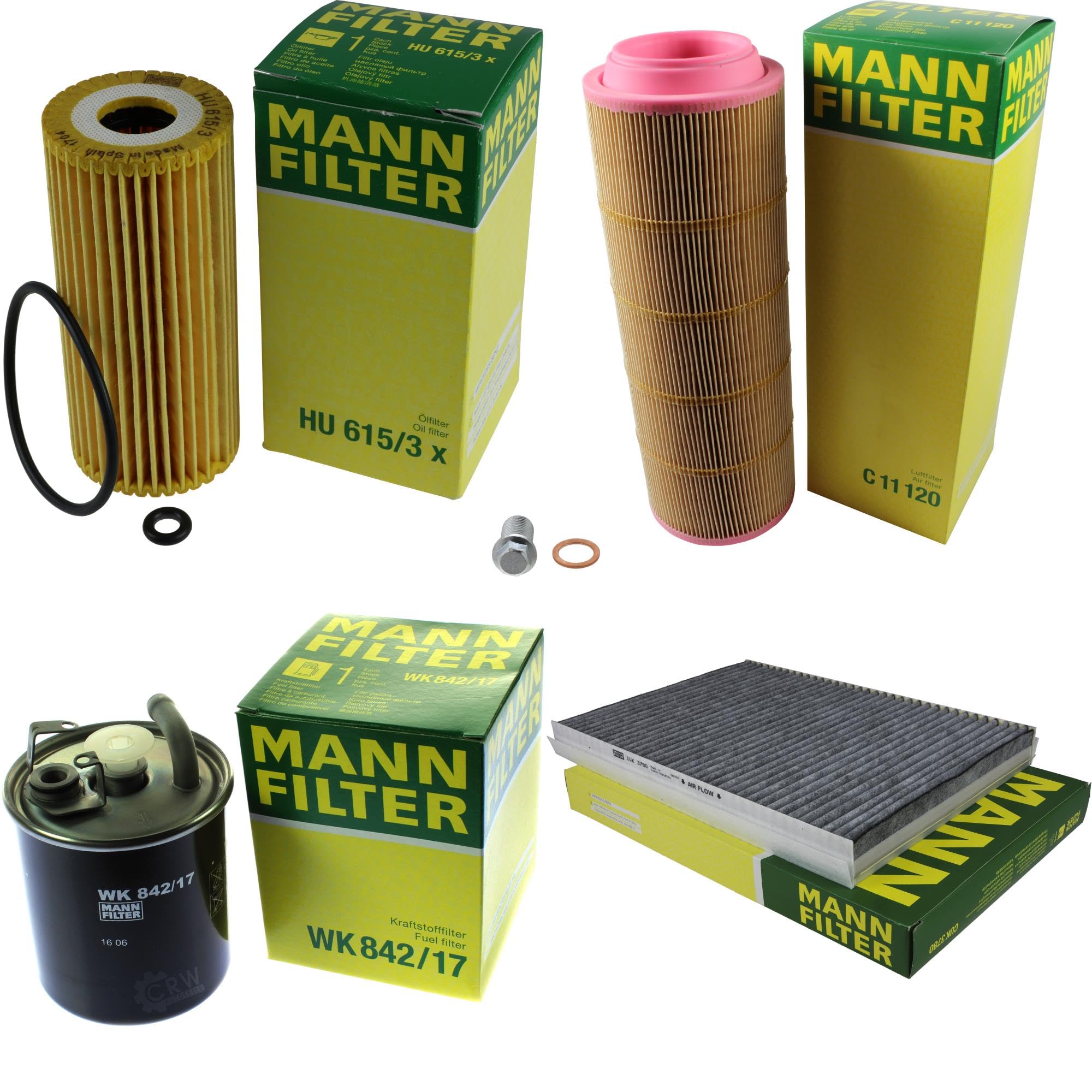 Paquete de inspección Kit de mantenimiento de filtros con filtro de aceite HU 615/3 x, filtro de aire C 11 120, filtro de combustible WK 842/17, filtro de habitáculo CUK 3780, tornillo de