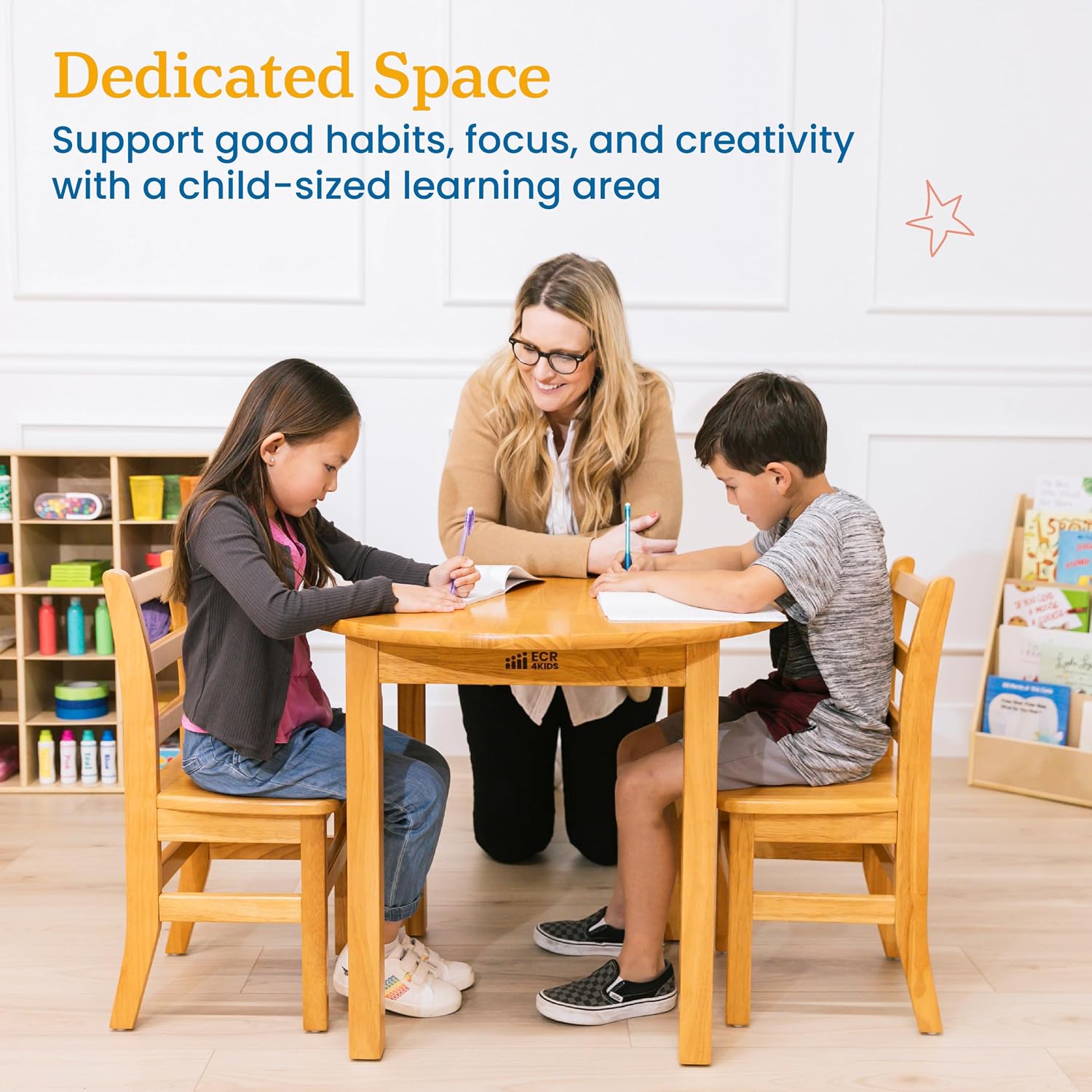 ECR4Kids 30in D Round Hardwood Table with 24in Legs and Two 14in Chairs, Kids Furniture, Honey, 3-Piece